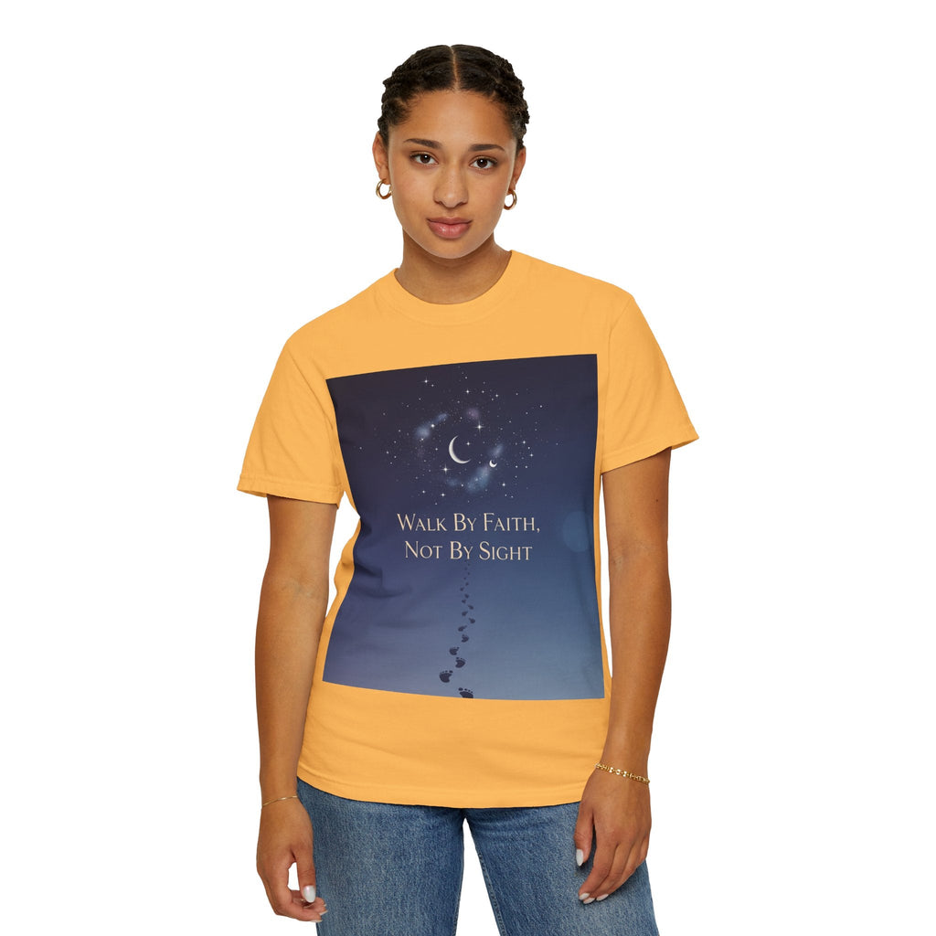 Walk by Faith, Not by Sight T-Shirt – Footprints in the Sand Christian Moonlit Tee Printify
