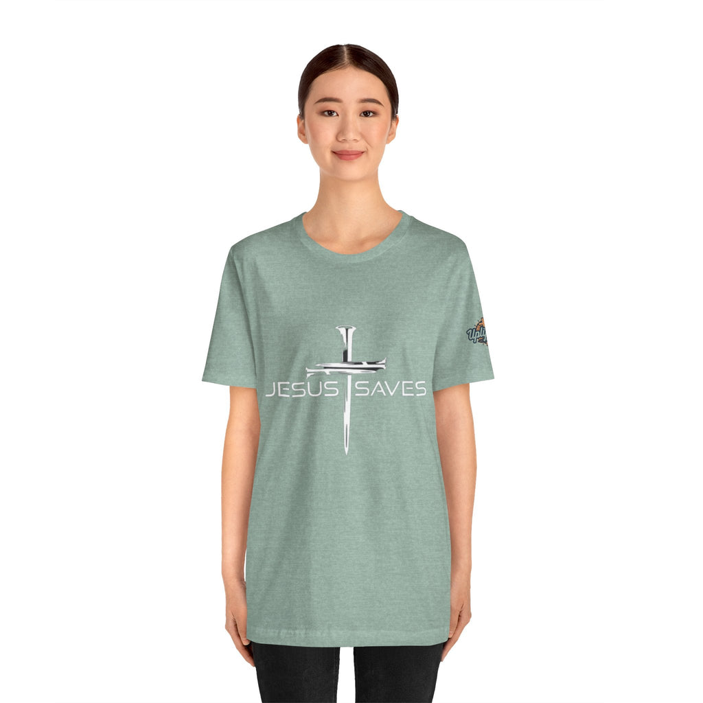 Jesus Saves T-shirt – 3 Nails Crucifix Cross Christian T-shirt for Redemption Faith & Bold Salvation Printify