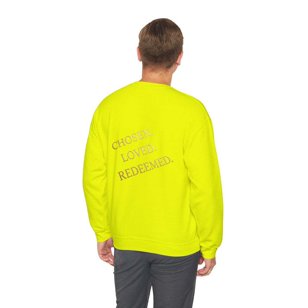 ✨ Chosen. Loved. Redeemed. – Elegant Christian Sweatshirt | Gold Foil Faith Tee | Subtle Cross & Heart Design | Inspirational Bible Verse Apparel by Uplifted Gear Printify