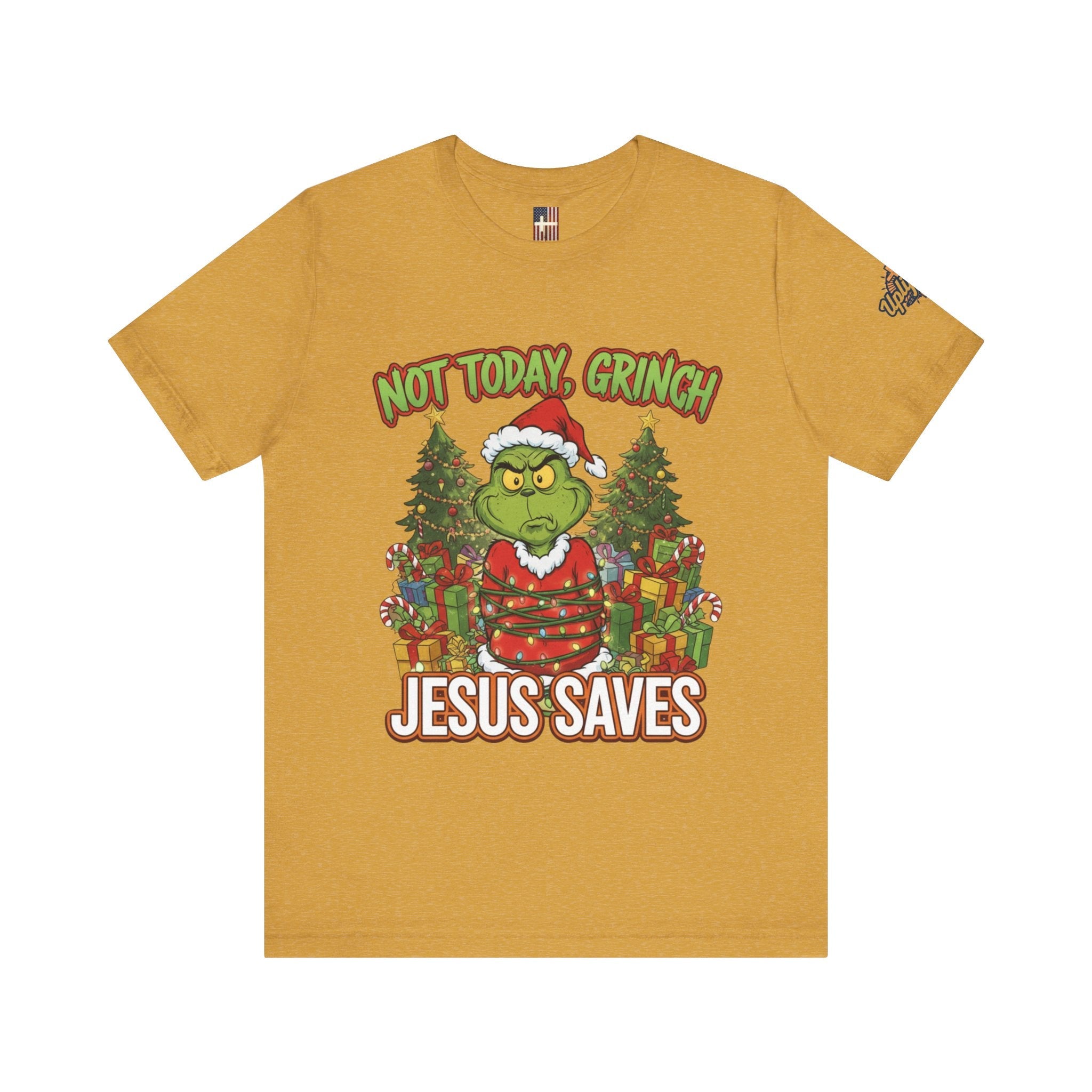 🎄 Not Today, Grinch – Jesus Saves | Funny Christian Christmas T-Shirt | Sulking Grinch & Glowing Cross | Bold Neon Faith Tee by Uplifted Gear Printify
