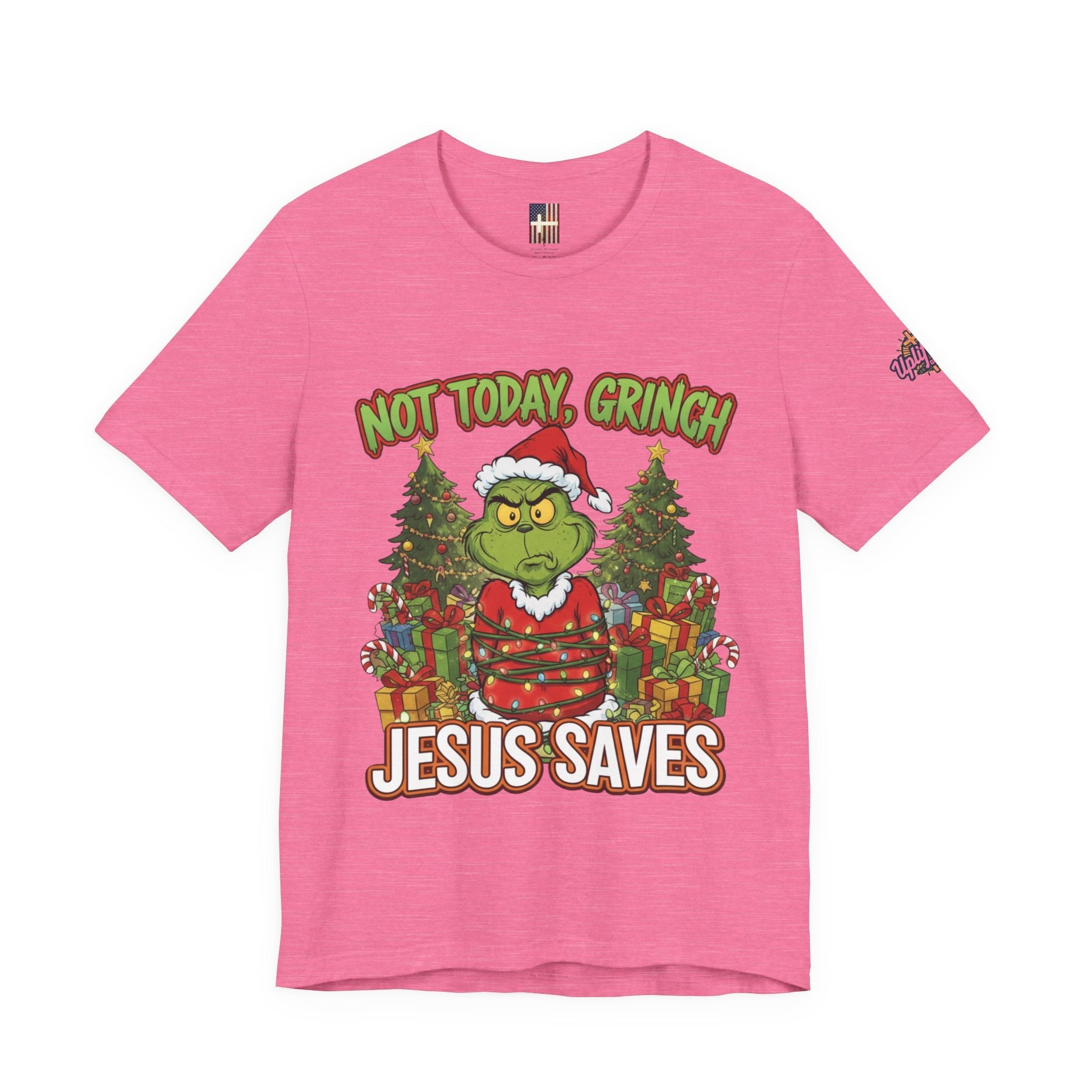 🎄 Not Today, Grinch – Jesus Saves | Funny Christian Christmas T-Shirt | Sulking Grinch & Glowing Cross | Bold Neon Faith Tee by Uplifted Gear Printify