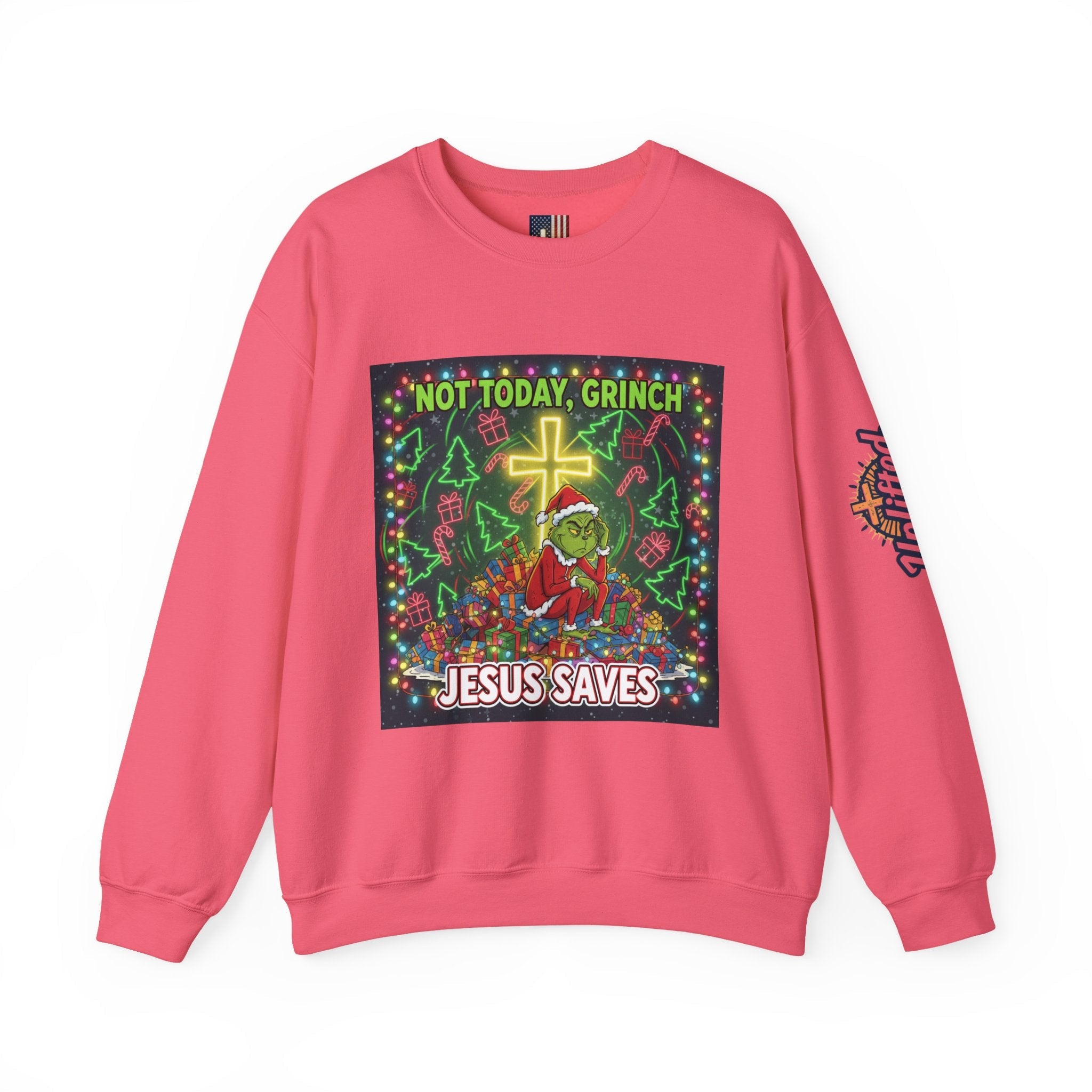 🎄 Not Today, Grinch – Jesus Saves | Funny Christian Christmas Sweatshirt | Festive Green & Red Cartoon Style | Bold Faith Holiday Tee by Uplifted Gear Printify