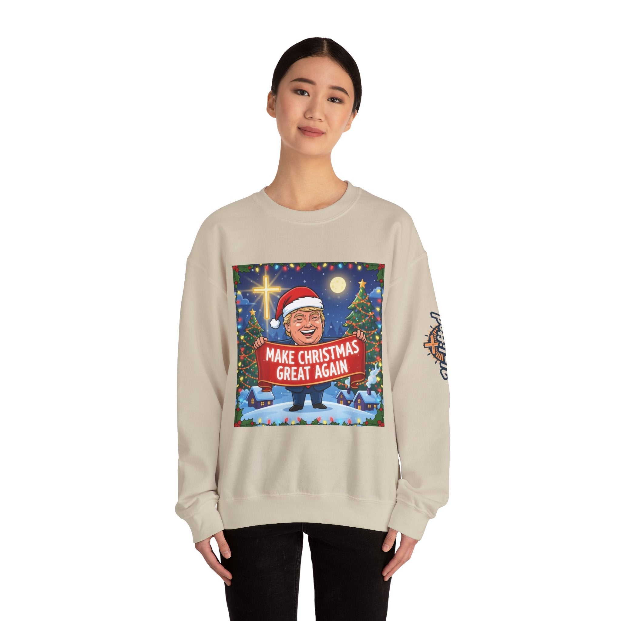 🎄 Make Christmas Great Again – Patriotic Christian Christmas Sweatshirt | Bold Holiday Faith Tee | Red & White Banner Design | Uplifted Gear Printify