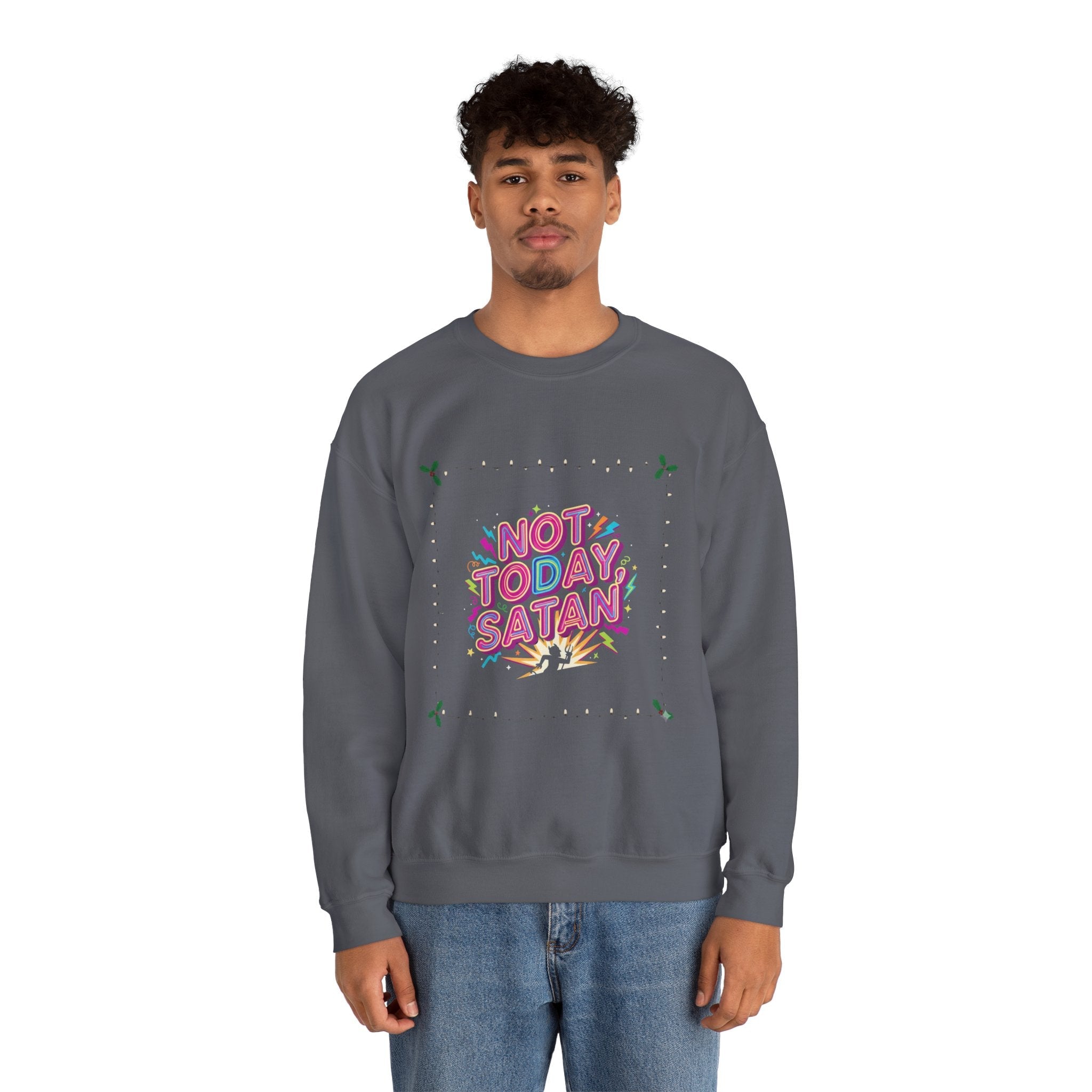 🔥 Not Today, Satan – Retro 90s Christian Sweatshirt | Neon Faith Tee | Funky Cartoon Devil | Bold Bible Verse Shirt | Uplifted Gear Printify