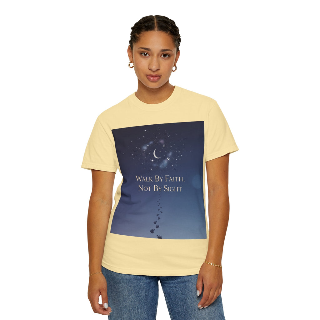Walk by Faith, Not by Sight T-Shirt – Footprints in the Sand Christian Moonlit Tee Printify