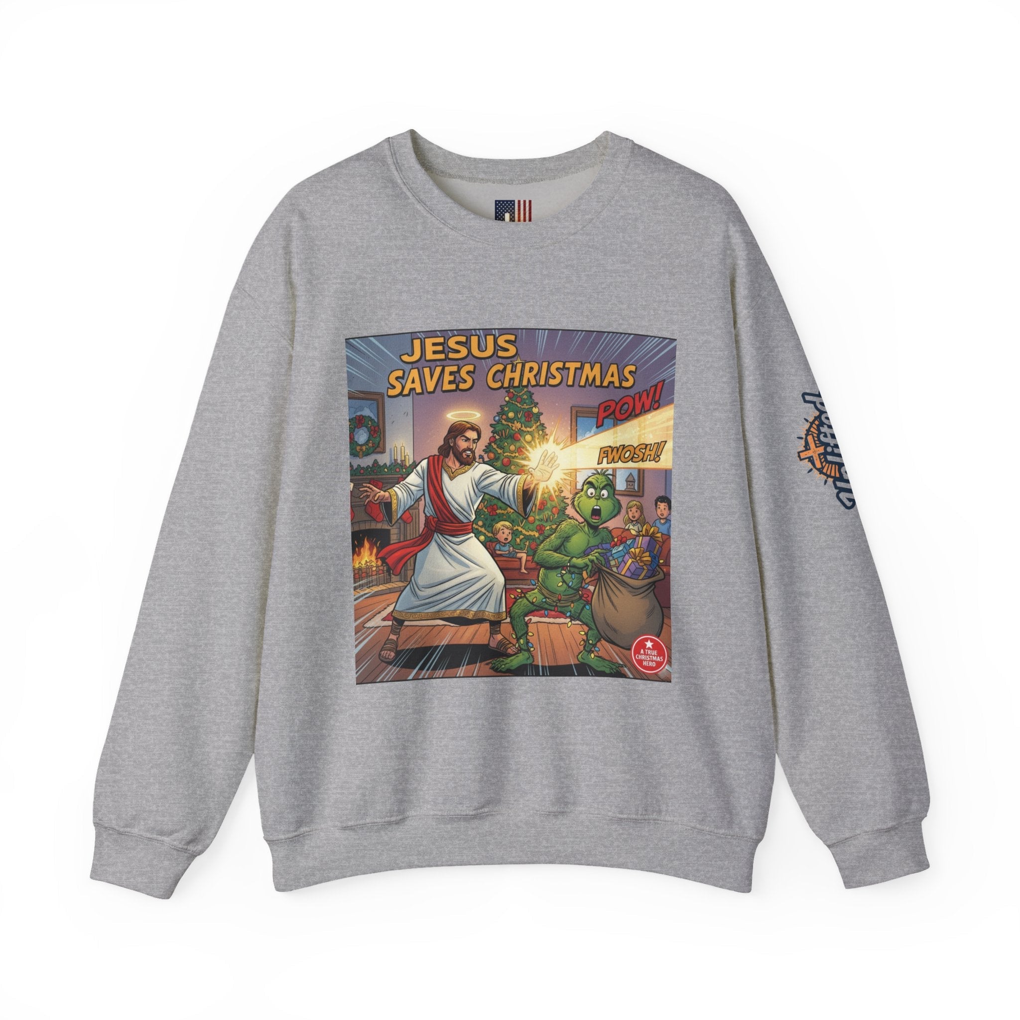 Jesus Saves Christmas Sweatshirt – Grinch vs Savior Light Battle Christian Sweatshirt for Hilarious Holiday Faith & True Joy Printify