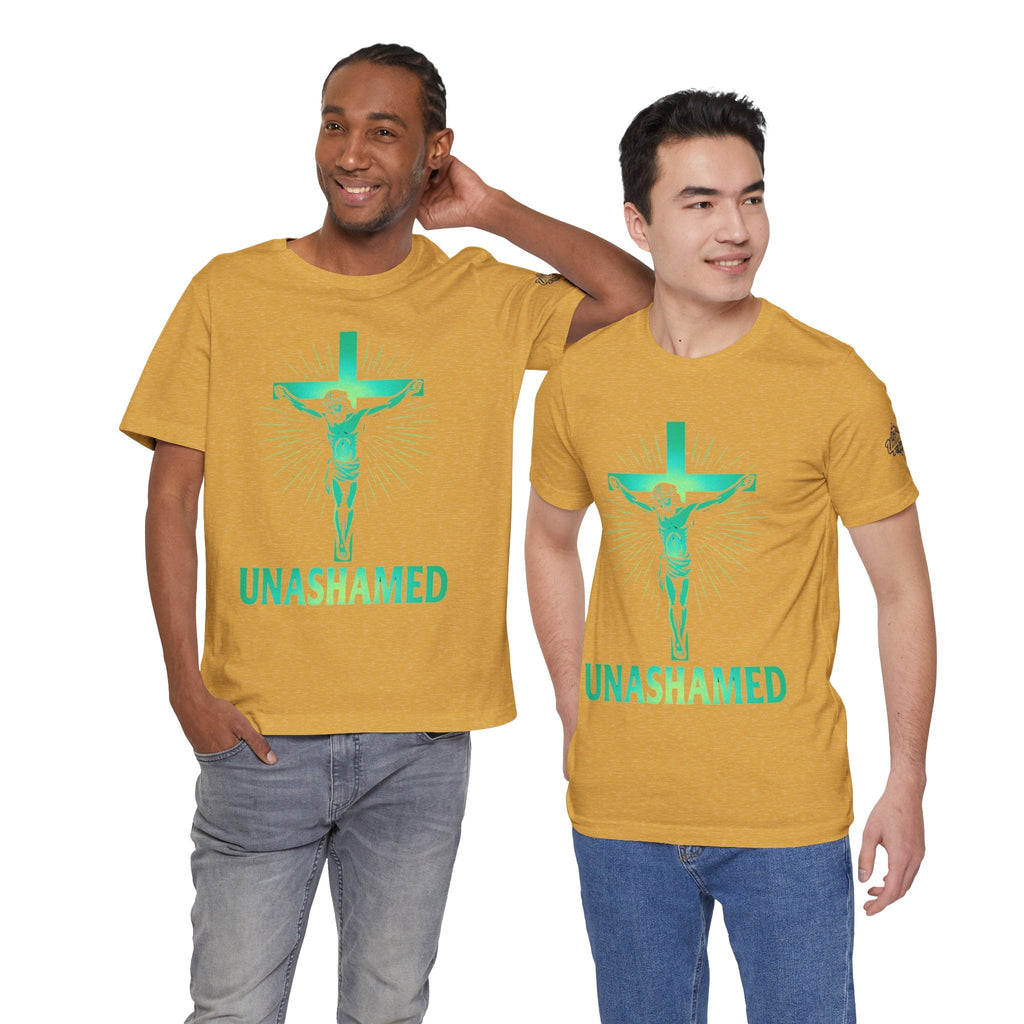 Unashamed T-shirt – Romans 1:16 Crucifixion Christian t-shirt for Bold Unwavering Faith Printify