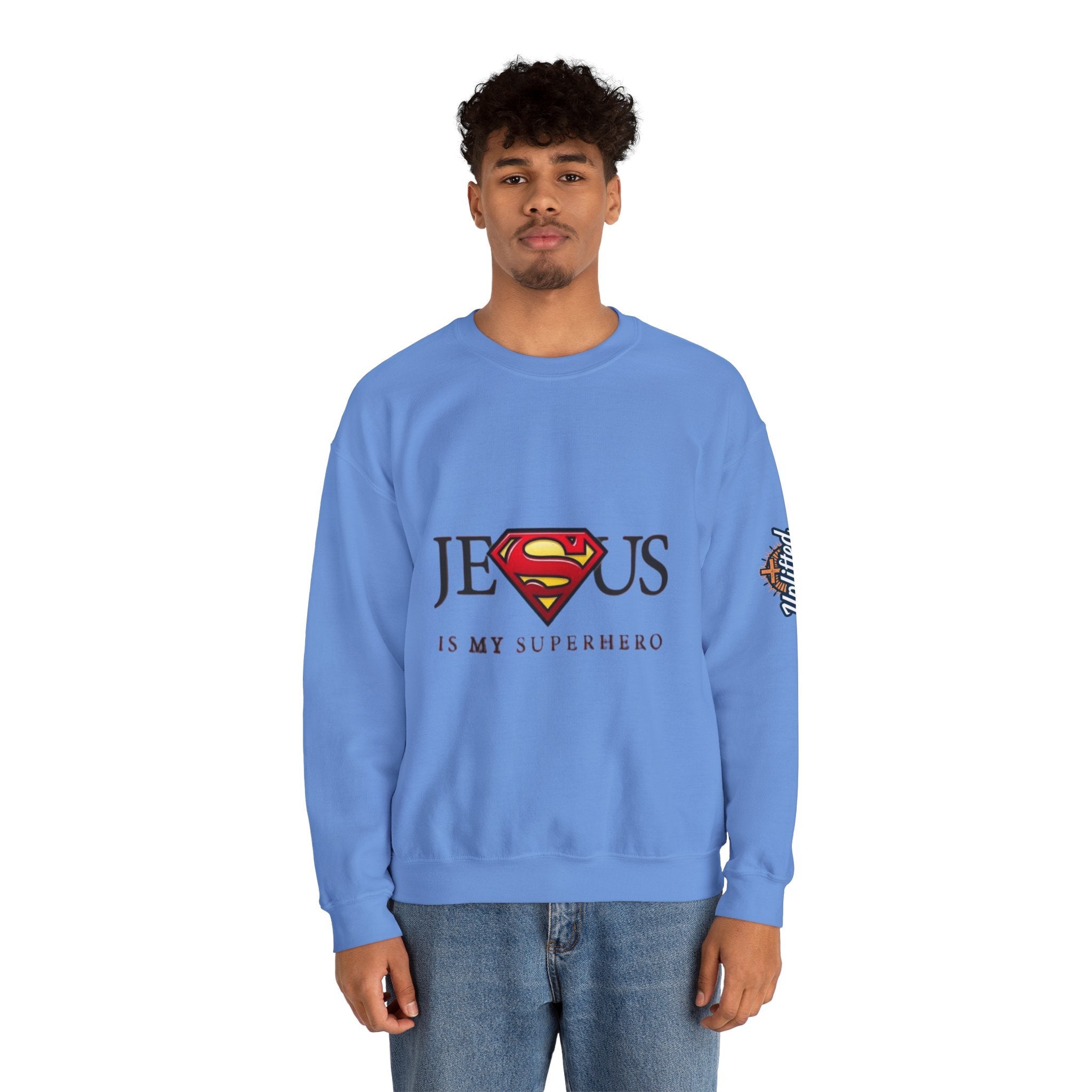 Jesus Is My Superhero Crewneck Sweatshirt Printify