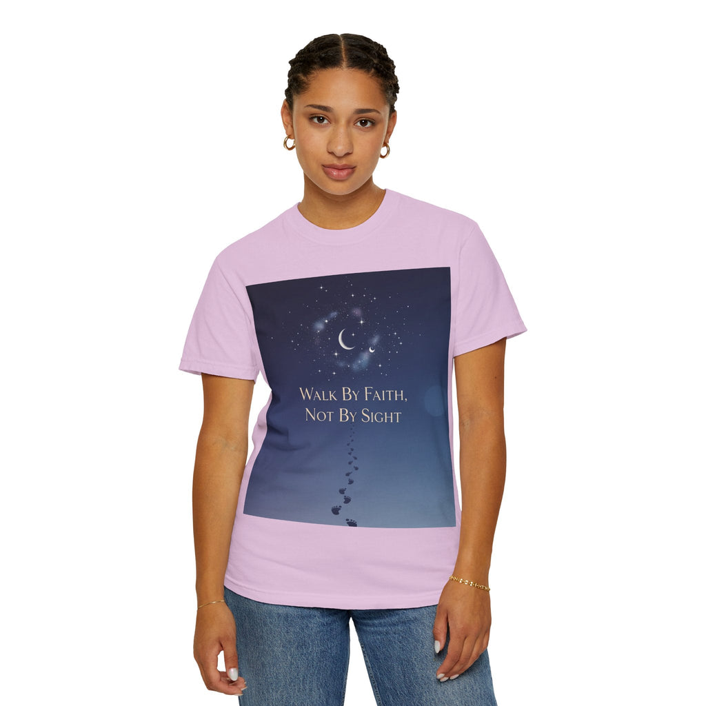 Walk by Faith, Not by Sight T-Shirt – Footprints in the Sand Christian Moonlit Tee Printify