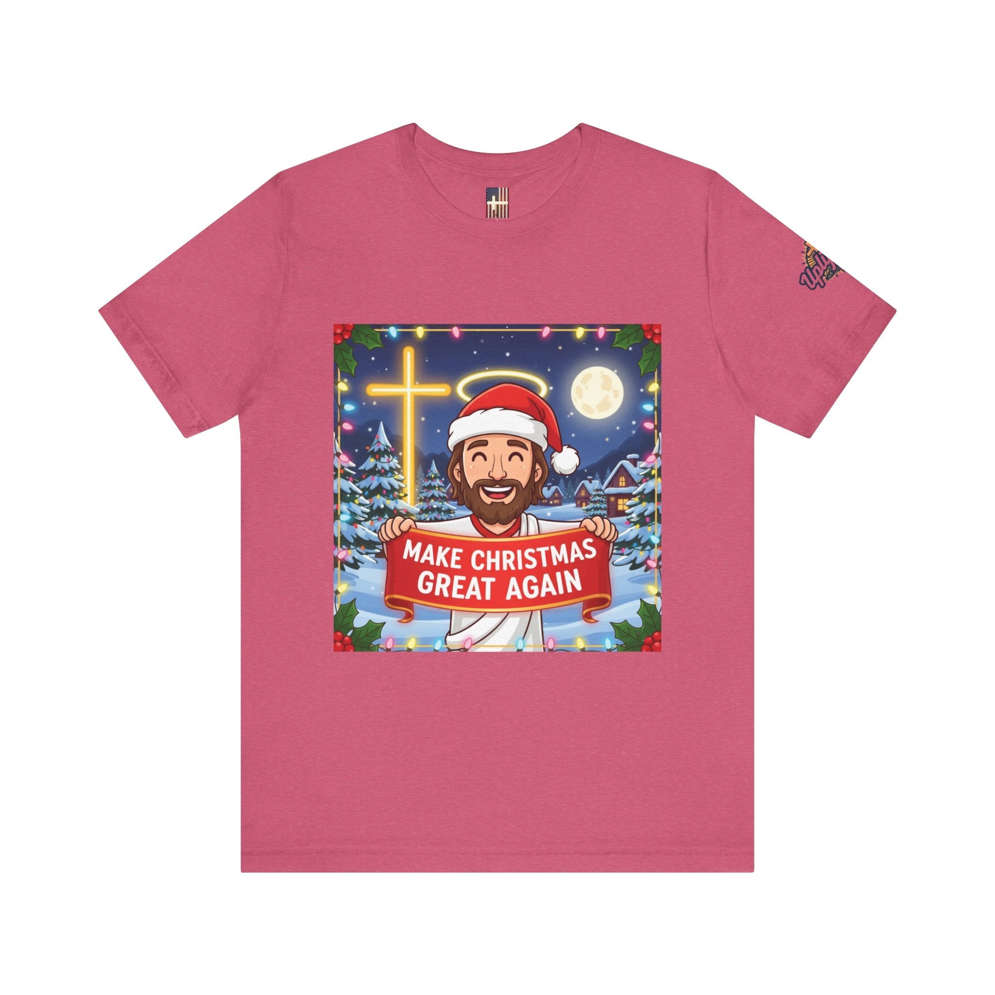 🎄 Make Christmas Great Again – Funny Christian T-Shirt | Jesus Holding Banner | Faith-Based Holiday Parody Tee | Uplifted Gear Printify