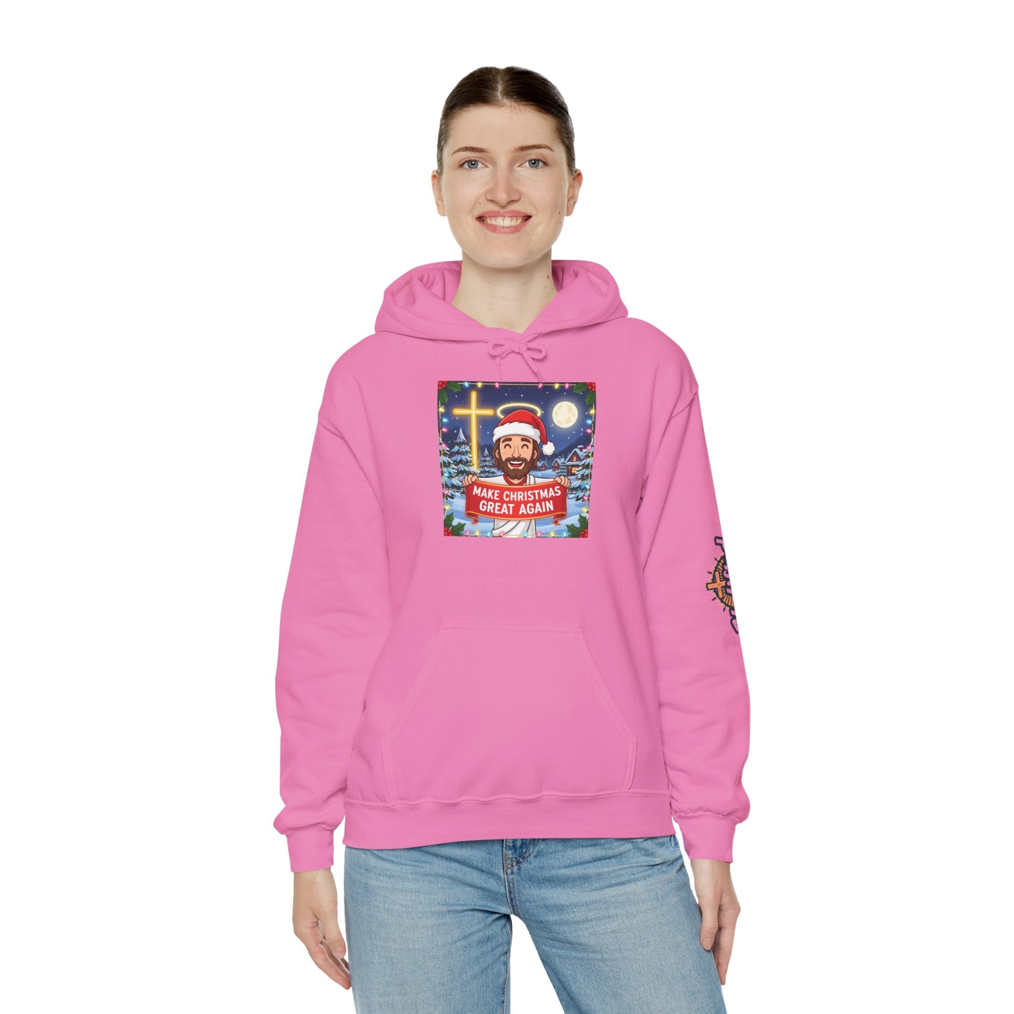 🎄 Make Christmas Great Again – Funny Christian Hoodie | Jesus Holding Banner | Faith-Based Holiday Parody Tee | Uplifted Gear Printify