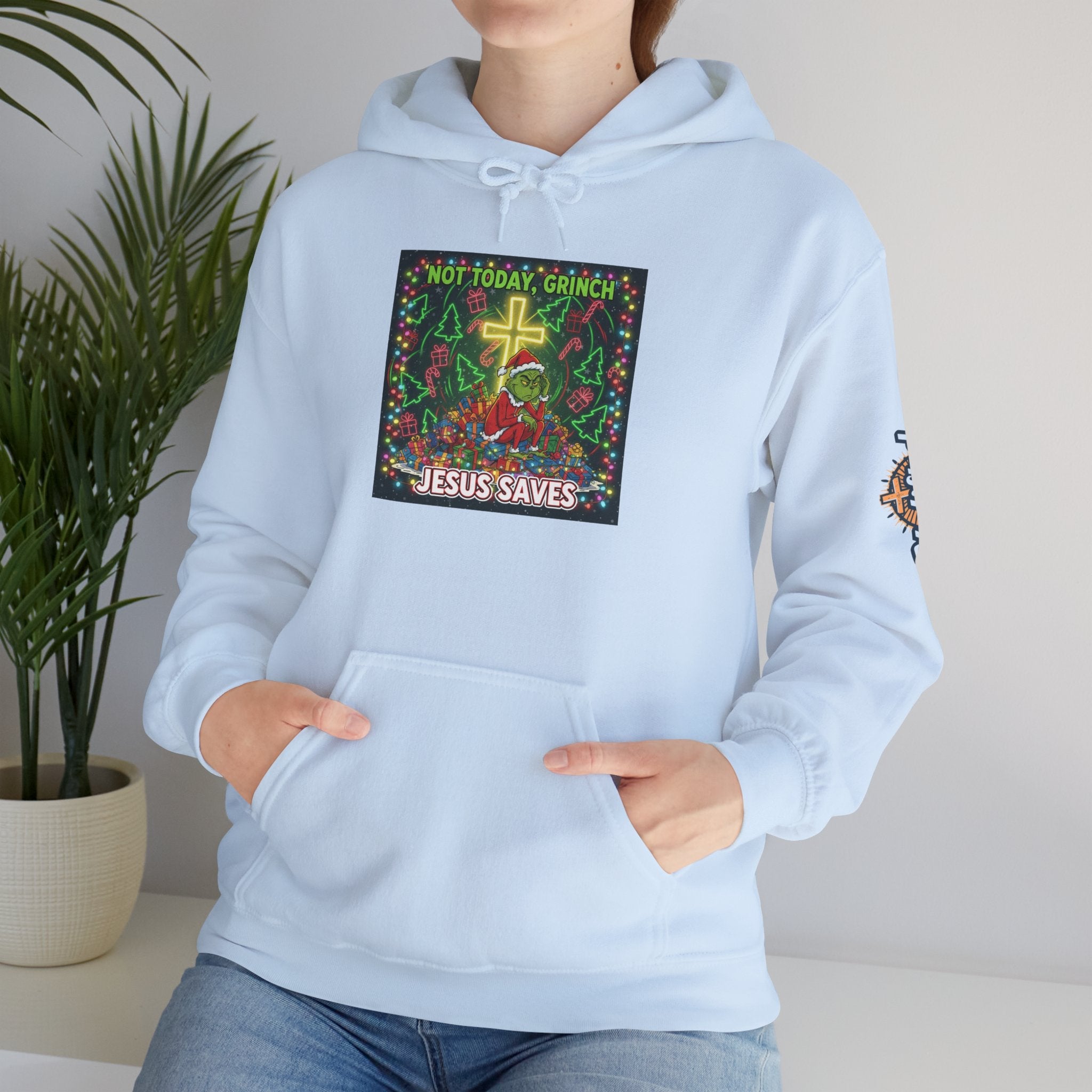 🎄 Not Today, Grinch – Jesus Saves | Funny Christian Christmas Hoodie | Festive Green & Red Cartoon Style | Bold Faith Holiday Tee by Uplifted Gear Printify