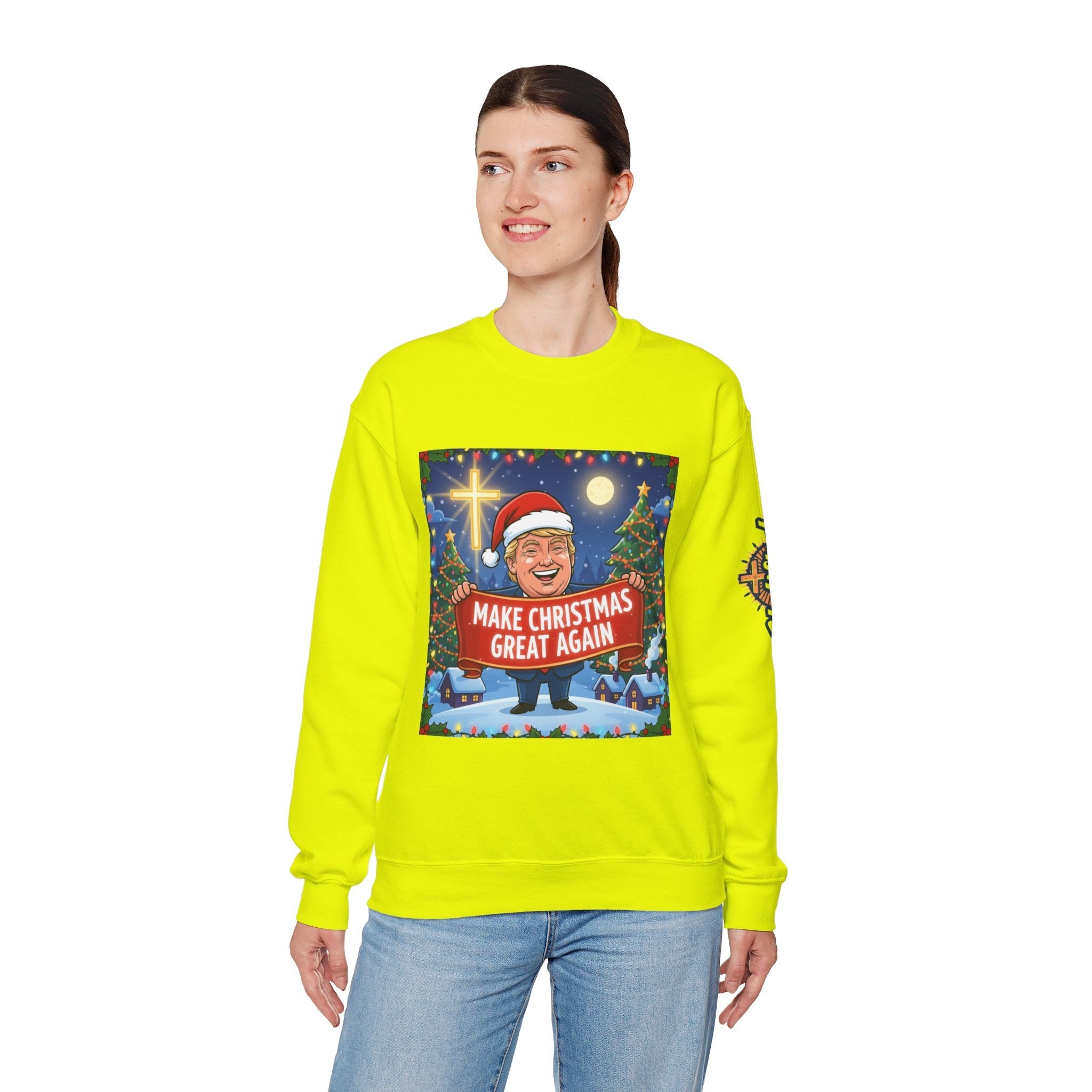 🎄 Make Christmas Great Again – Patriotic Christian Christmas Sweatshirt | Bold Holiday Faith Tee | Red & White Banner Design | Uplifted Gear Printify