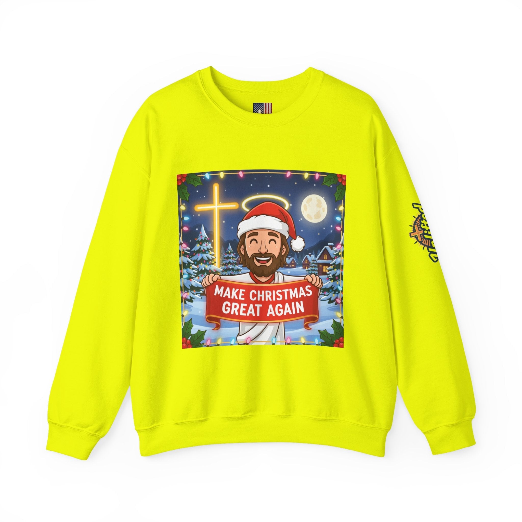 🎄 Make Christmas Great Again – Funny Christian Sweatshirt | Jesus Holding Banner | Faith-Based Holiday Parody Tee | Uplifted Gear Printify