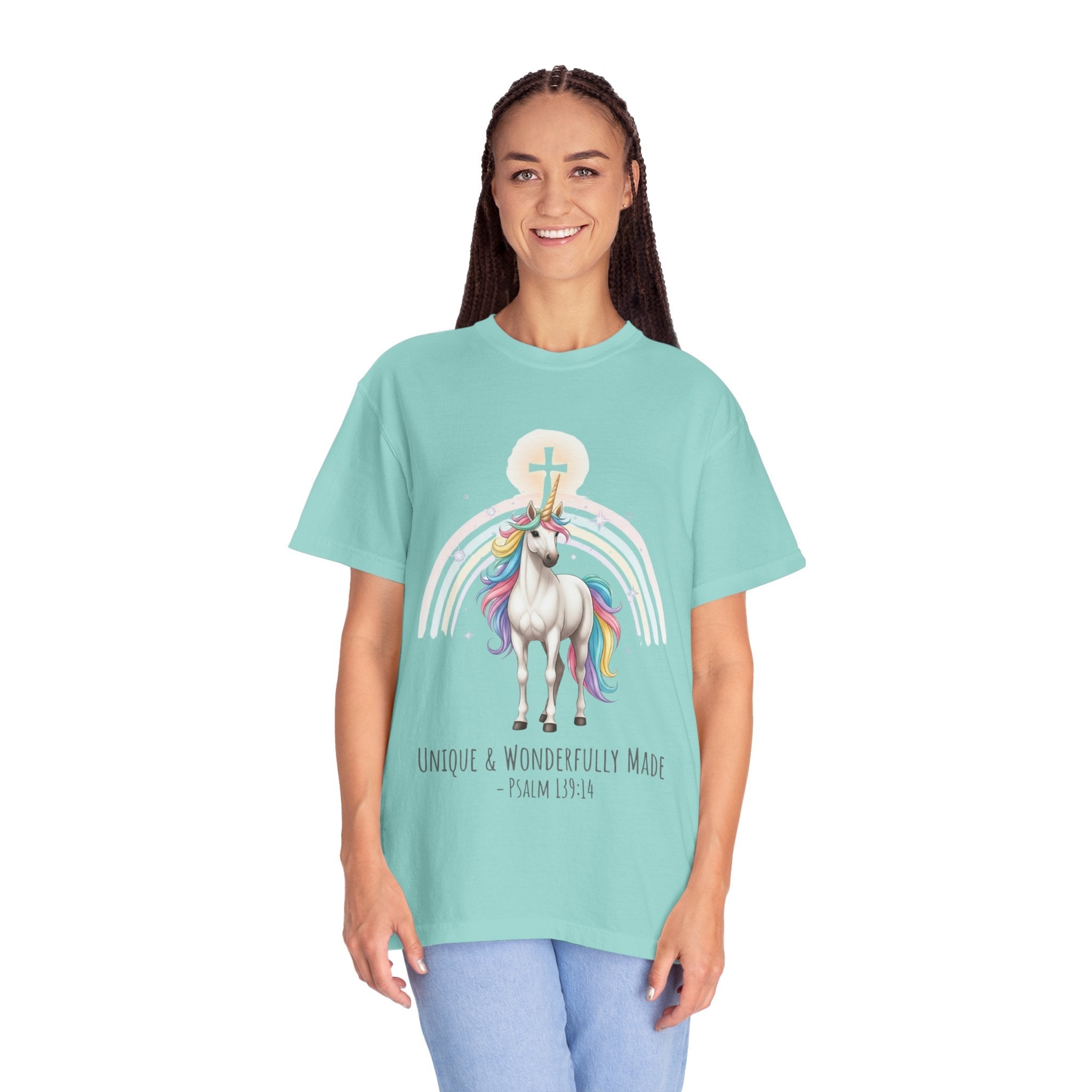 Unique Unicorn Christian T-Shirt – Wonderfully Made with Rainbow Cross & Psalm 139:14 Printify