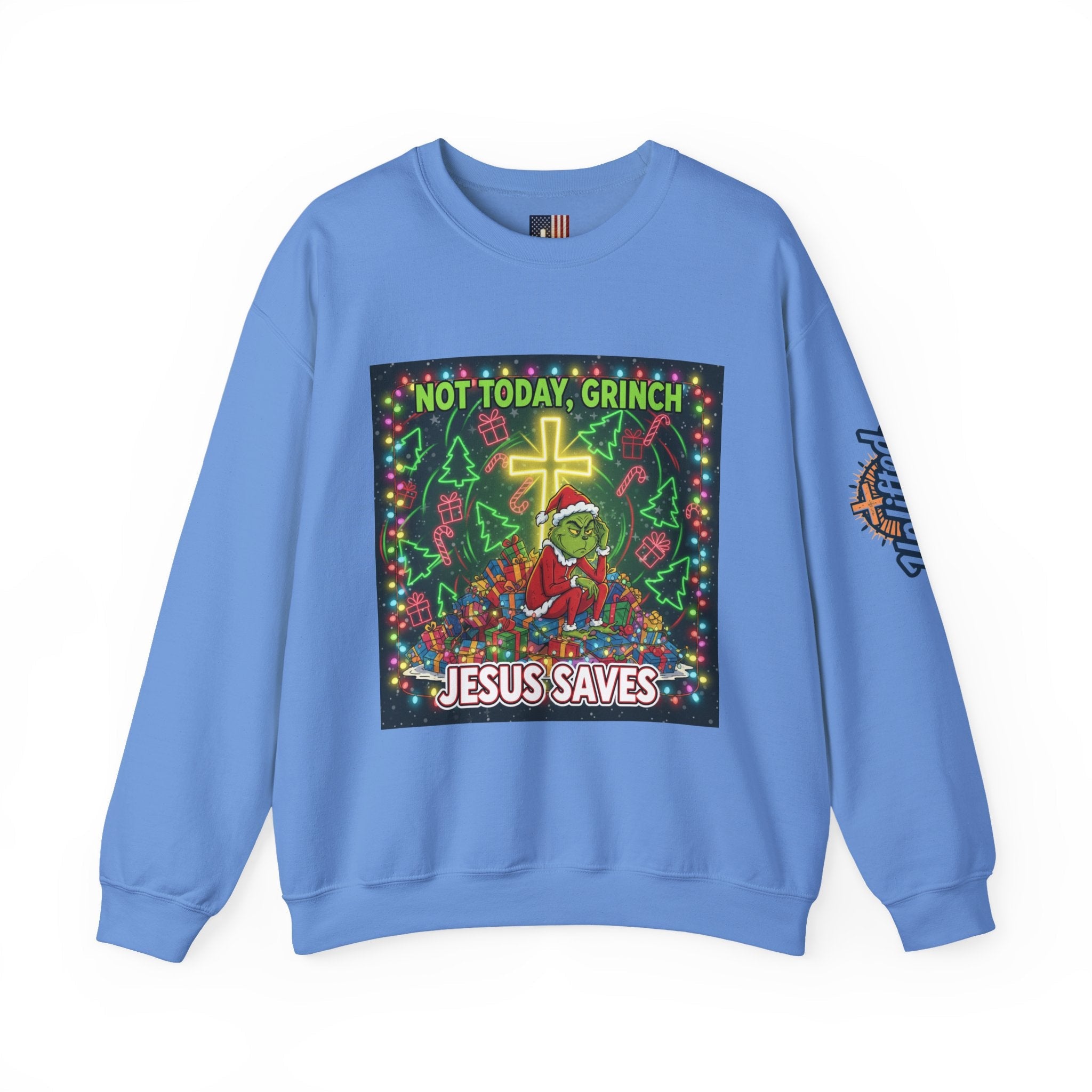 🎄 Not Today, Grinch – Jesus Saves | Funny Christian Christmas Sweatshirt | Festive Green & Red Cartoon Style | Bold Faith Holiday Tee by Uplifted Gear Printify