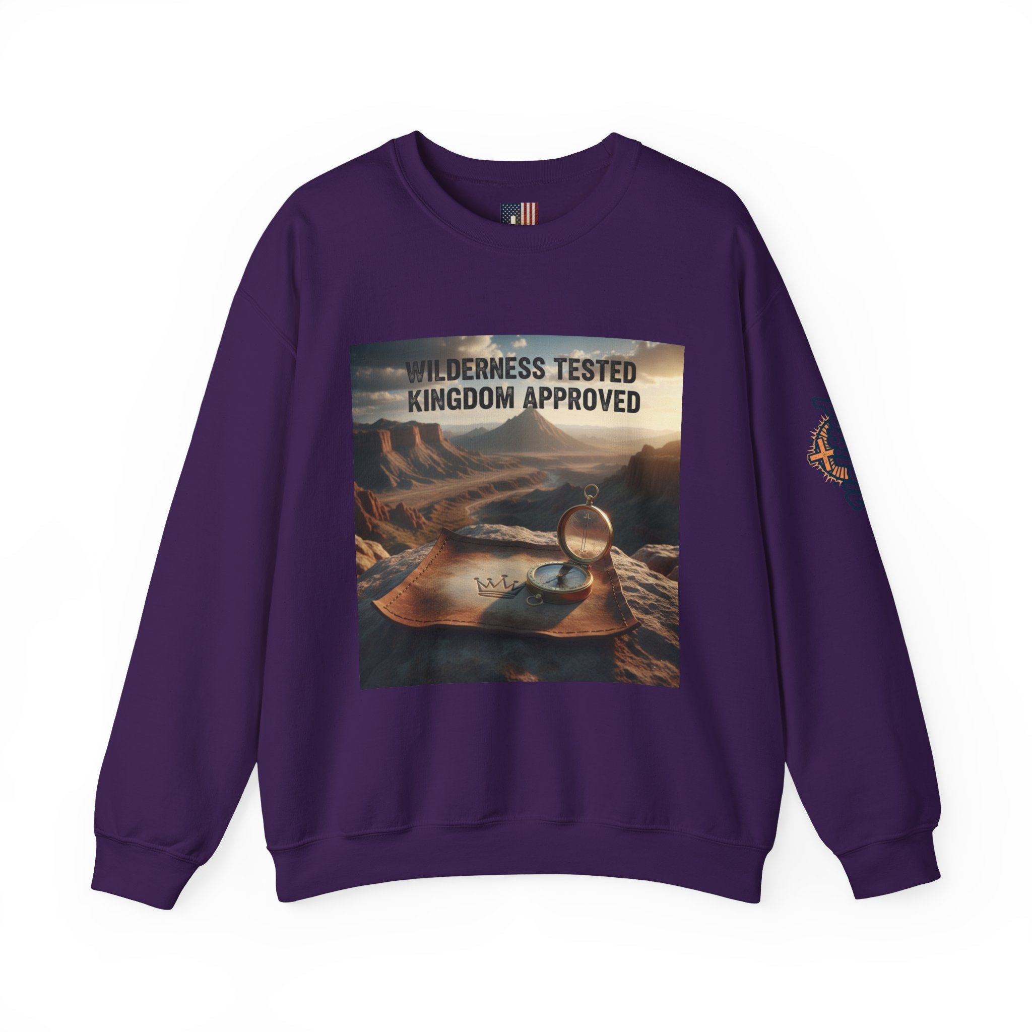 Wilderness Tested Kingdom Approved Sweatshirt – Mountain Desert Compass Crown Christian Sweatshirt for Biblical Adventure Faith Printify