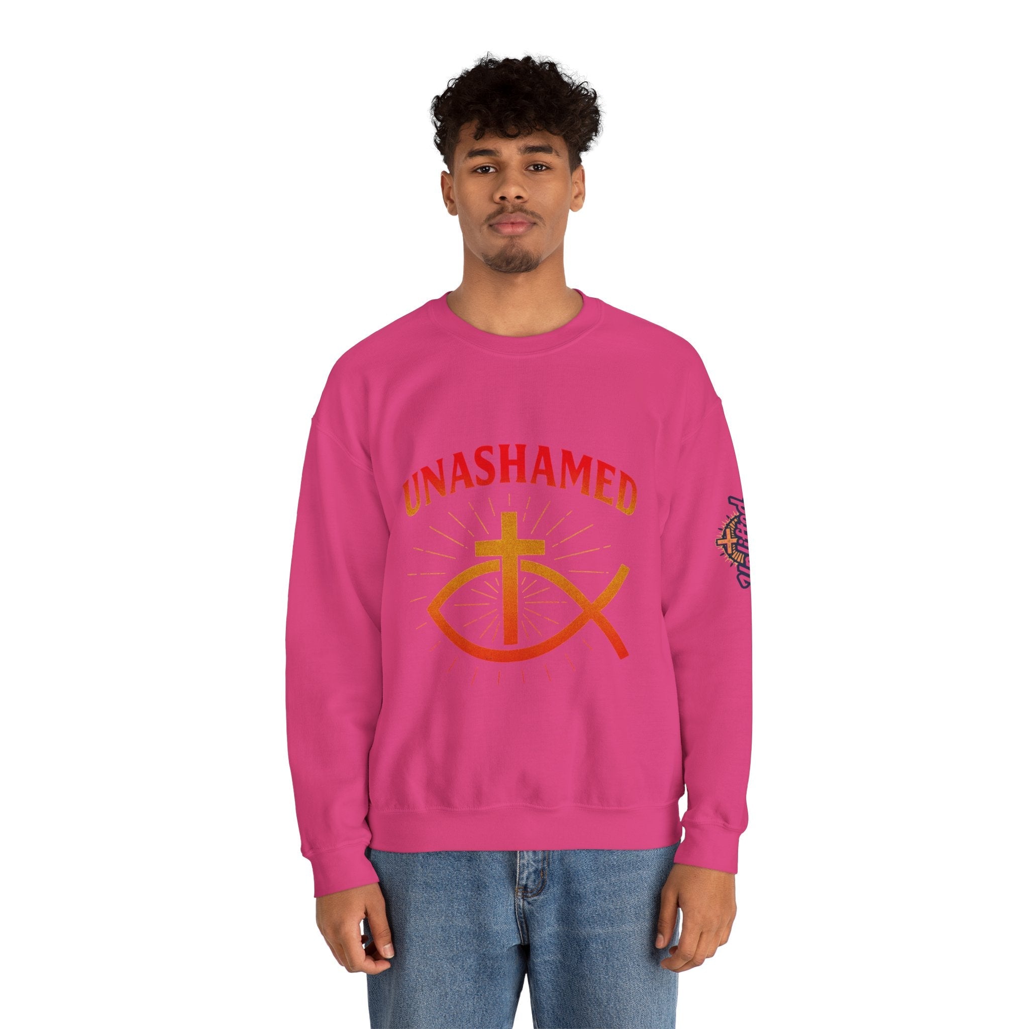 Unashamed Sweatshirt – Ichthys Jesus Fish & Cross Christian Sweatshirt for Romans 1:16 Bold Faith Printify