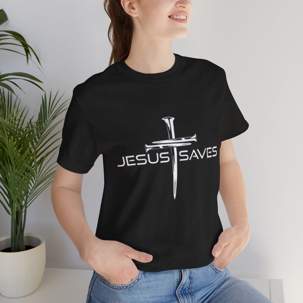Jesus Saves T-shirt – 3 Nails Crucifix Cross Christian T-shirt for Redemption Faith & Bold Salvation Printify