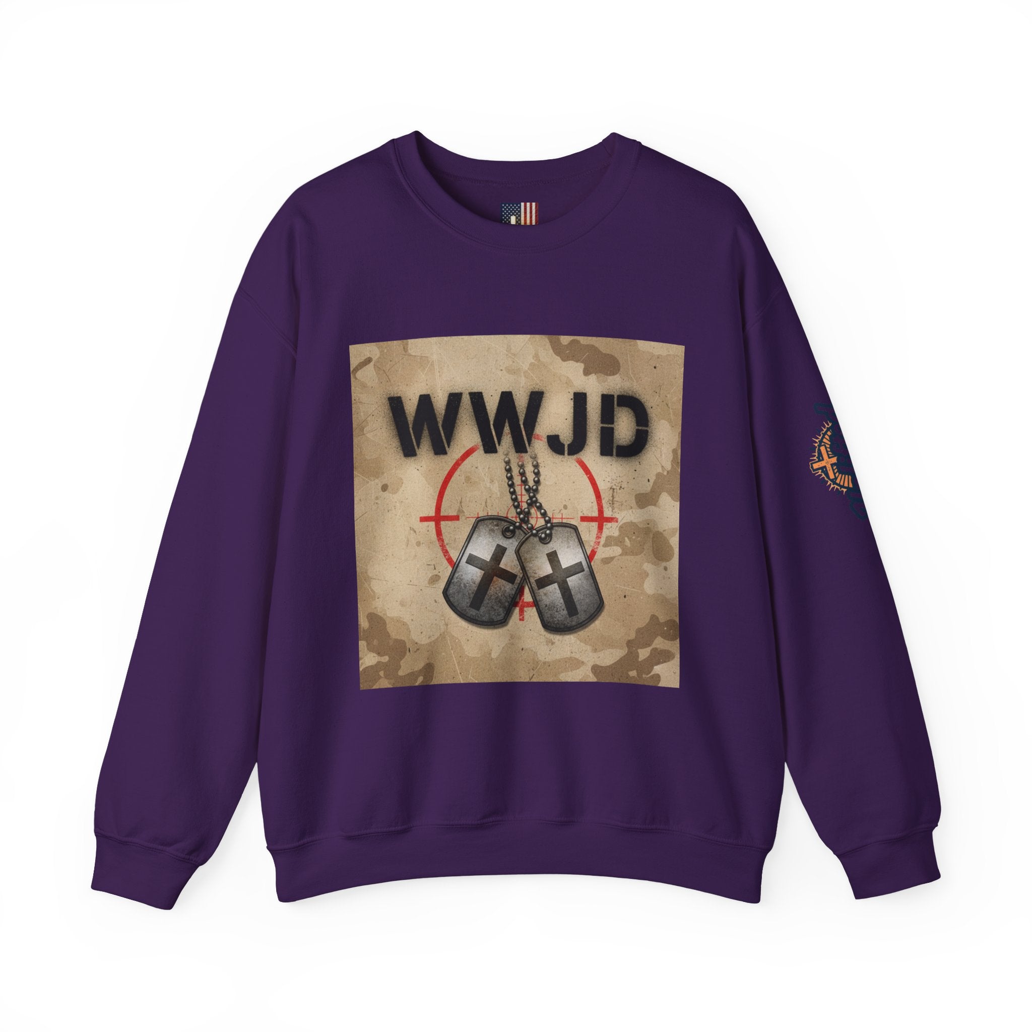 WWJD Sweatshirt – Military Dog Tags What Would Jesus Do Camo Christian Sweatshirt for Bold Faith & Streetwear Printify