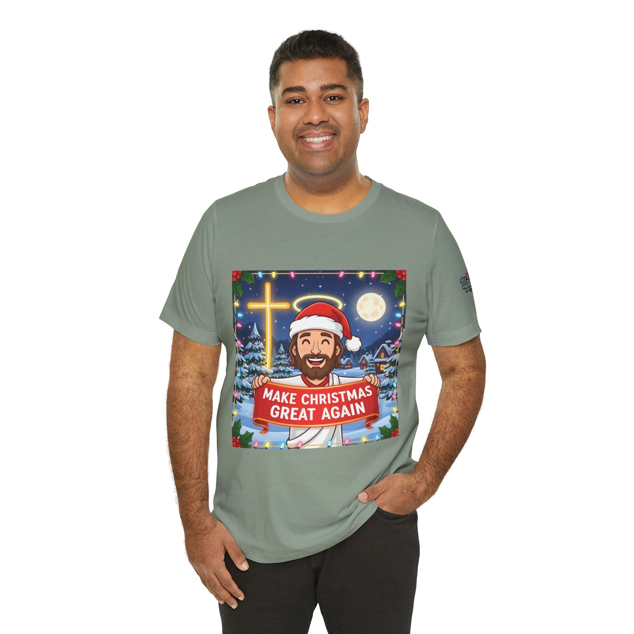🎄 Make Christmas Great Again – Funny Christian T-Shirt | Jesus Holding Banner | Faith-Based Holiday Parody Tee | Uplifted Gear Printify