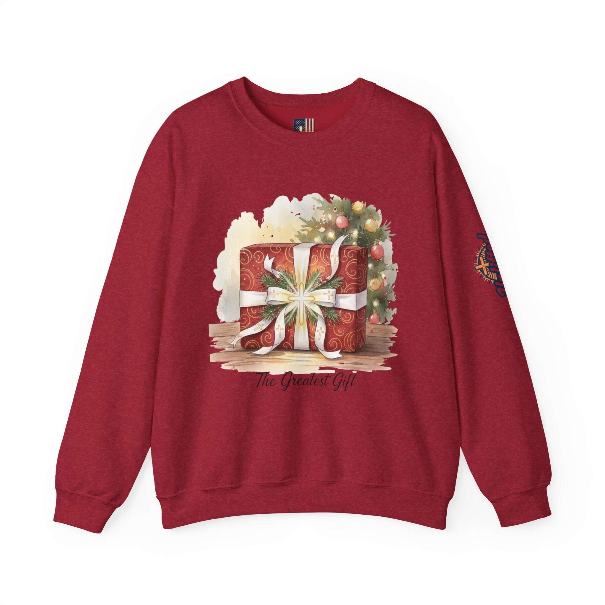 The Greatest Gift Sweatshirt – Cross Bow Present Christian Sweatshirt for Christmas Salvation & Eternal Faith Printify