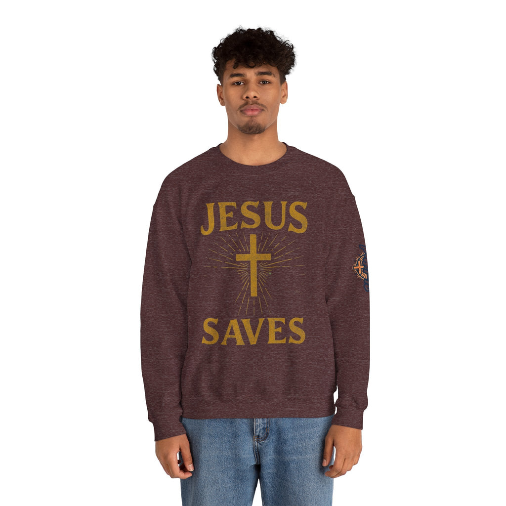 Jesus Saves Sweatshirt – Radiant Cross & Rays of Light Christian Sweatshirt for Eternal Hope & Faith Printify