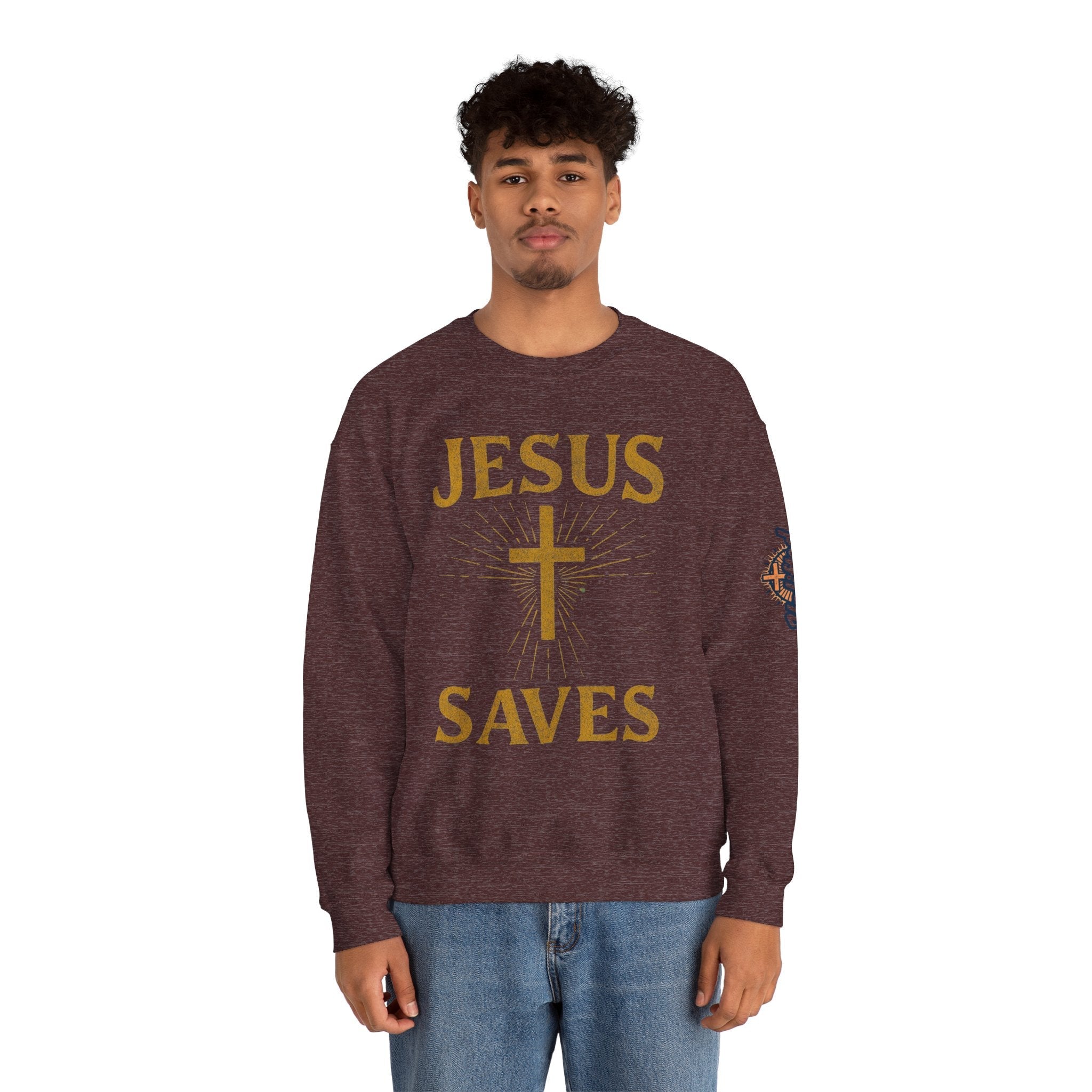 Jesus Saves Sweatshirt – Radiant Cross & Rays of Light Christian Sweatshirt for Eternal Hope & Faith Printify