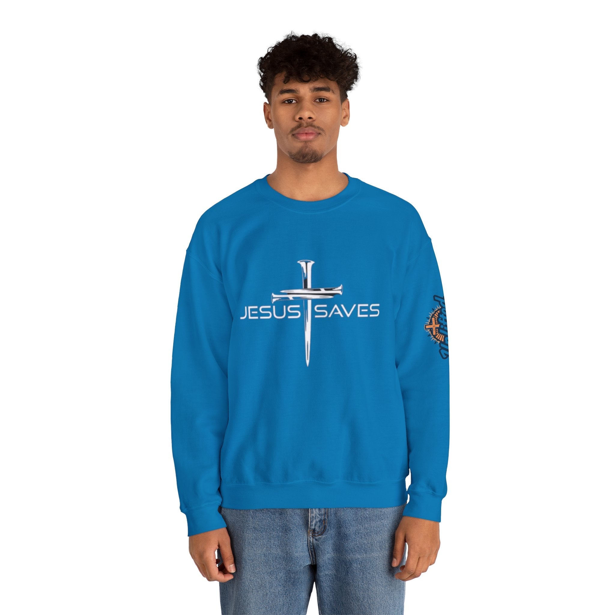 Jesus Saves Sweatshirt – 3 Nails Crucifix Cross Christian Sweatshirt for Redemption Faith & Bold Salvation Printify