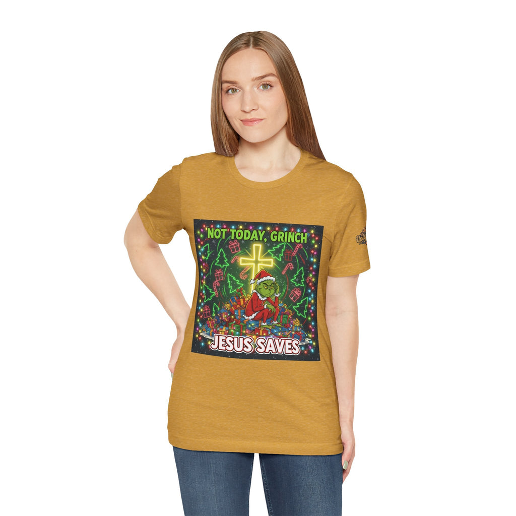 🎄 Not Today, Grinch – Jesus Saves | Funny Christian Christmas T-Shirt | Festive Green & Red Cartoon Style | Bold Faith Holiday Tee by Uplifted Gear Printify