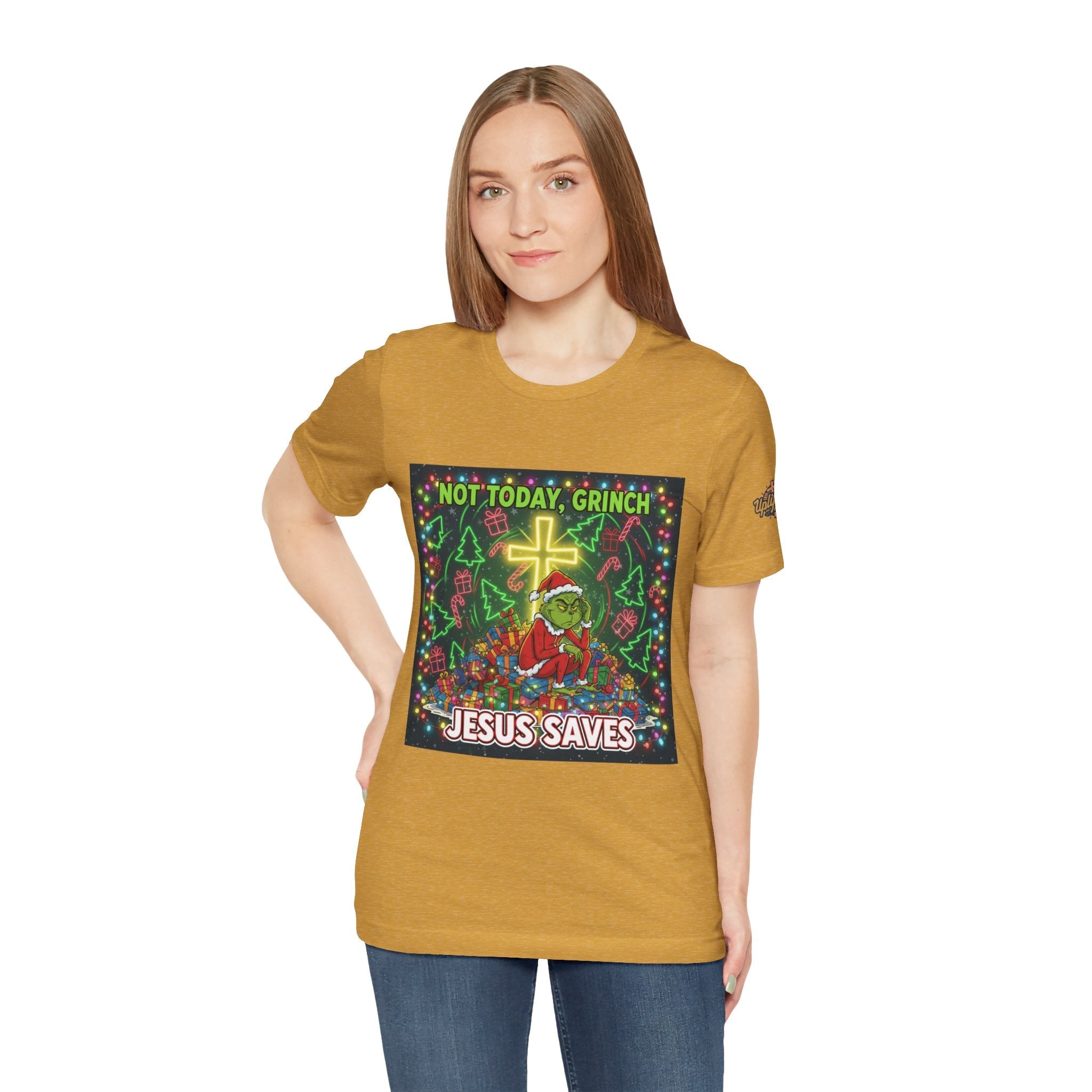 🎄 Not Today, Grinch – Jesus Saves | Funny Christian Christmas T-Shirt | Festive Green & Red Cartoon Style | Bold Faith Holiday Tee by Uplifted Gear Printify