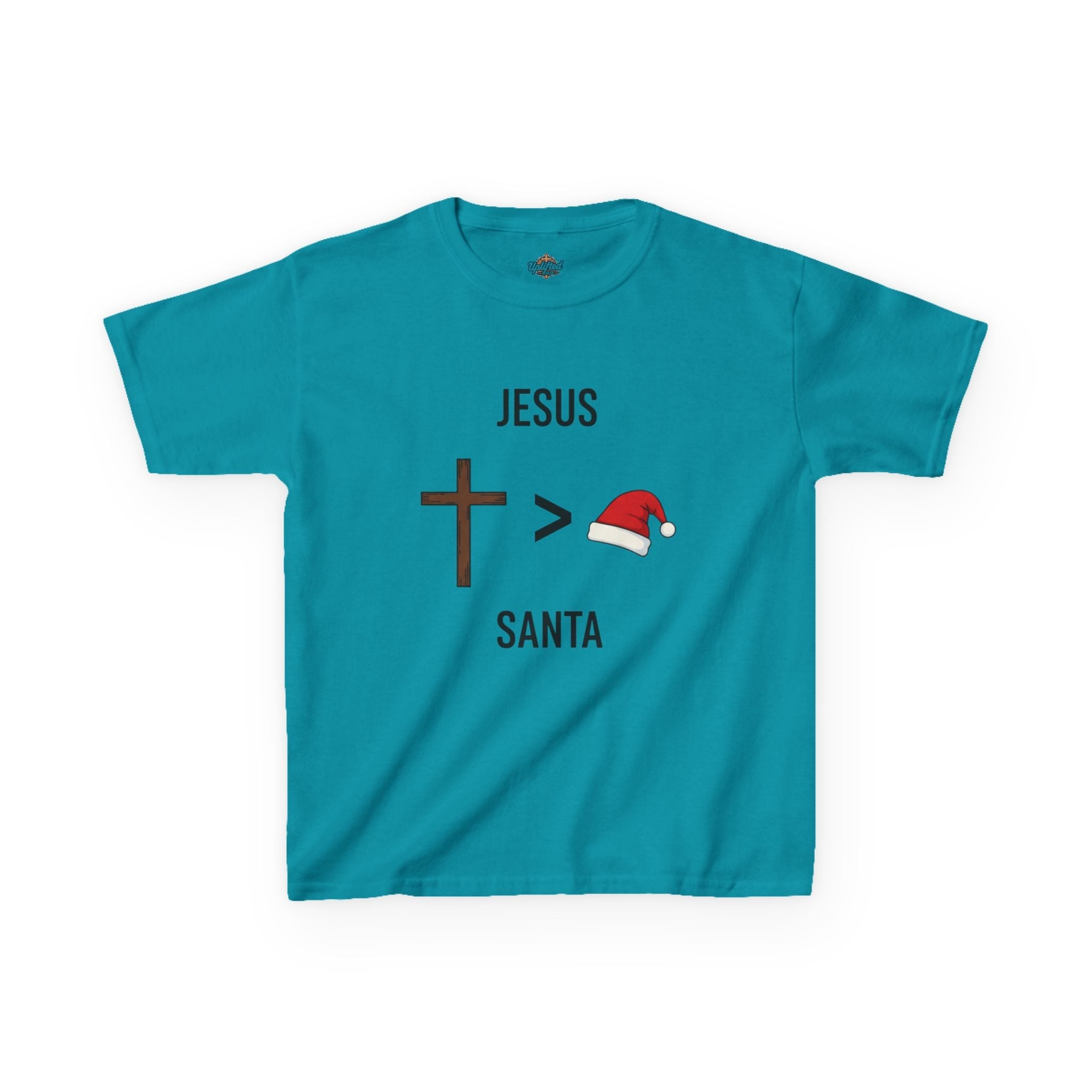 🎄 Jesus > Santa – Minimalist Christian Christmas Kids T-Shirt | Bold Faith Over Holiday Tee | Cross vs Santa Hat Design | Uplifted Gear Printify
