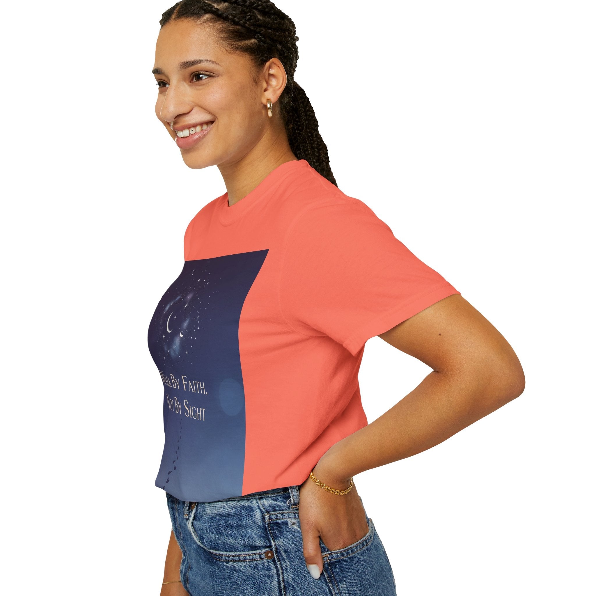 Walk by Faith, Not by Sight T-Shirt – Footprints in the Sand Christian Moonlit Tee Printify