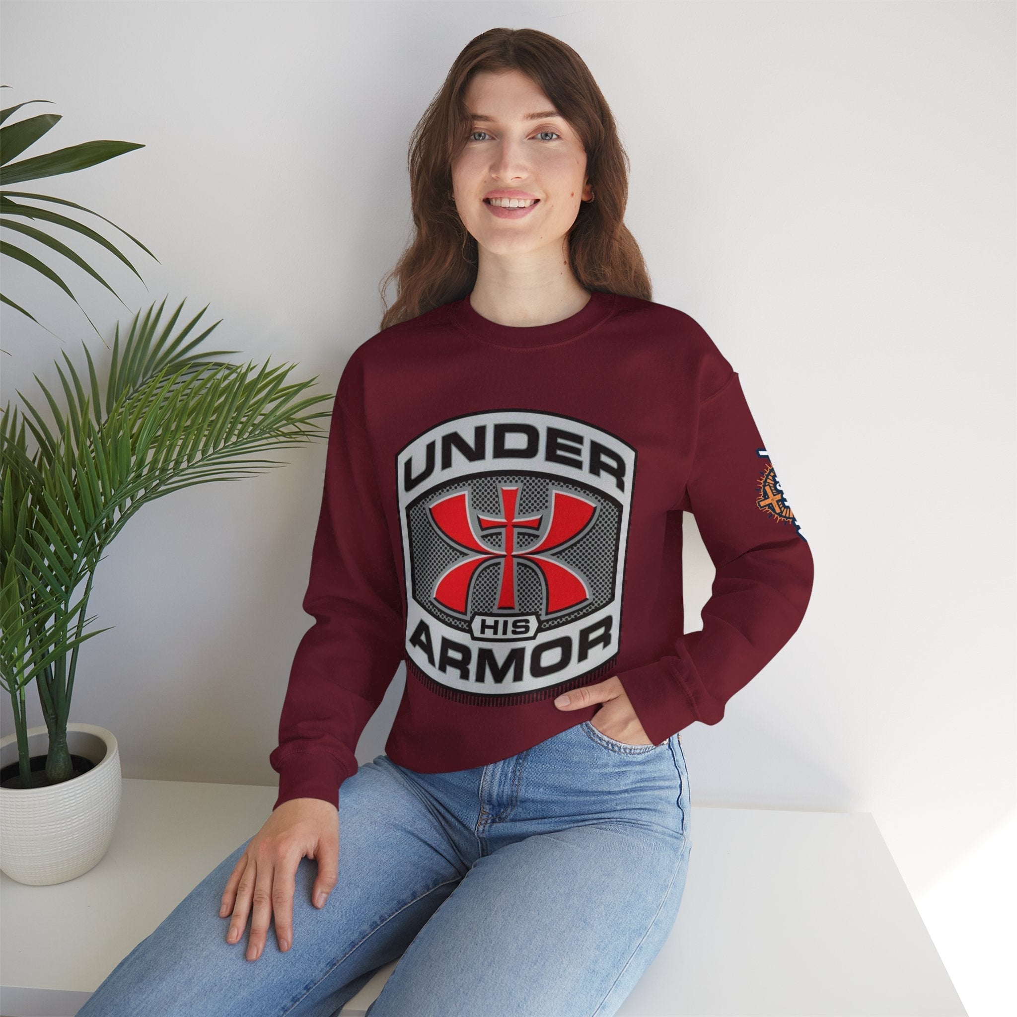 Under His Armor Crewneck Sweatshirt — Christian Faith Graphic Pullover Printify