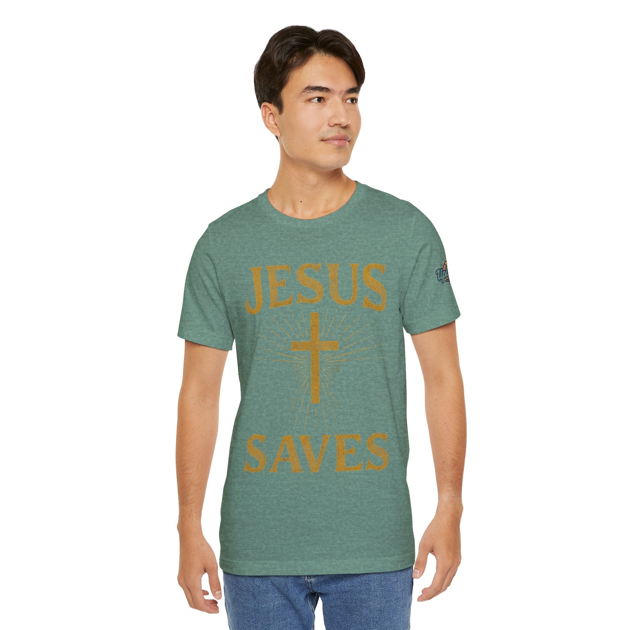 Jesus Saves T-shirt – Radiant Cross & Rays of Light Christian T-shirt for Eternal Hope & Faith Printify