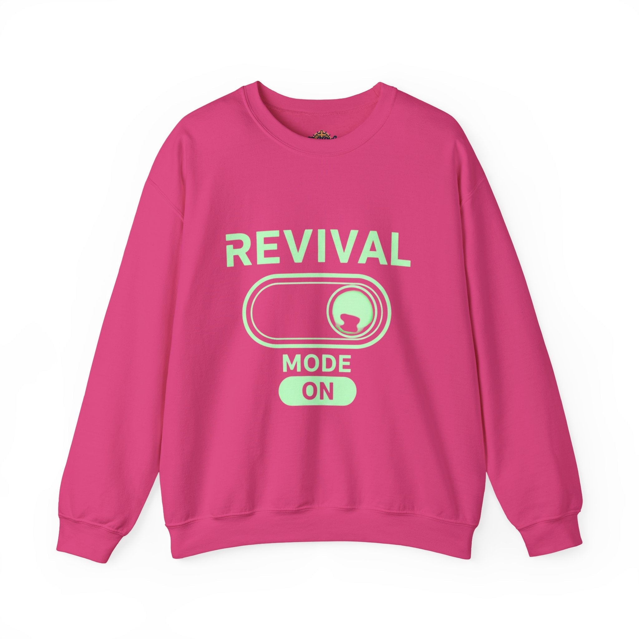 🔥 Revival Mode: ON – Christian Techwear Sweatshirt | Glowing Green Faith Switch | Futuristic Jesus Shirt | Activate Your Spiritual Awakening | Uplifted Gear Printify