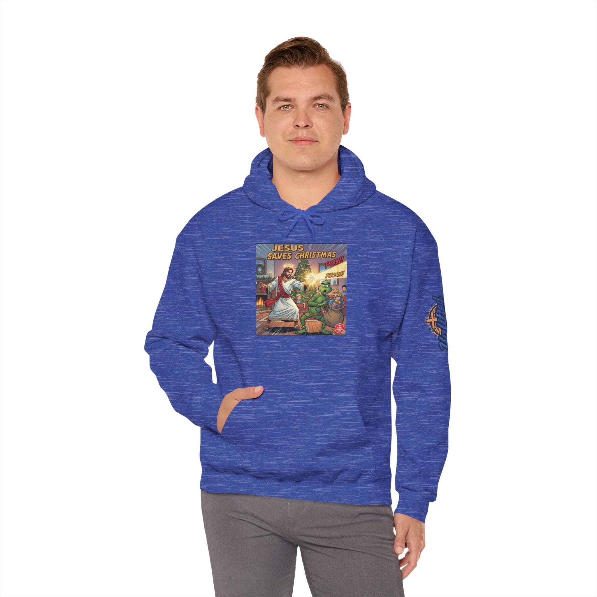 Jesus Saves Christmas Hoodie – Grinch vs Savior Light Battle Christian Sweatshirt for Hilarious Holiday Faith & True Joy Printify