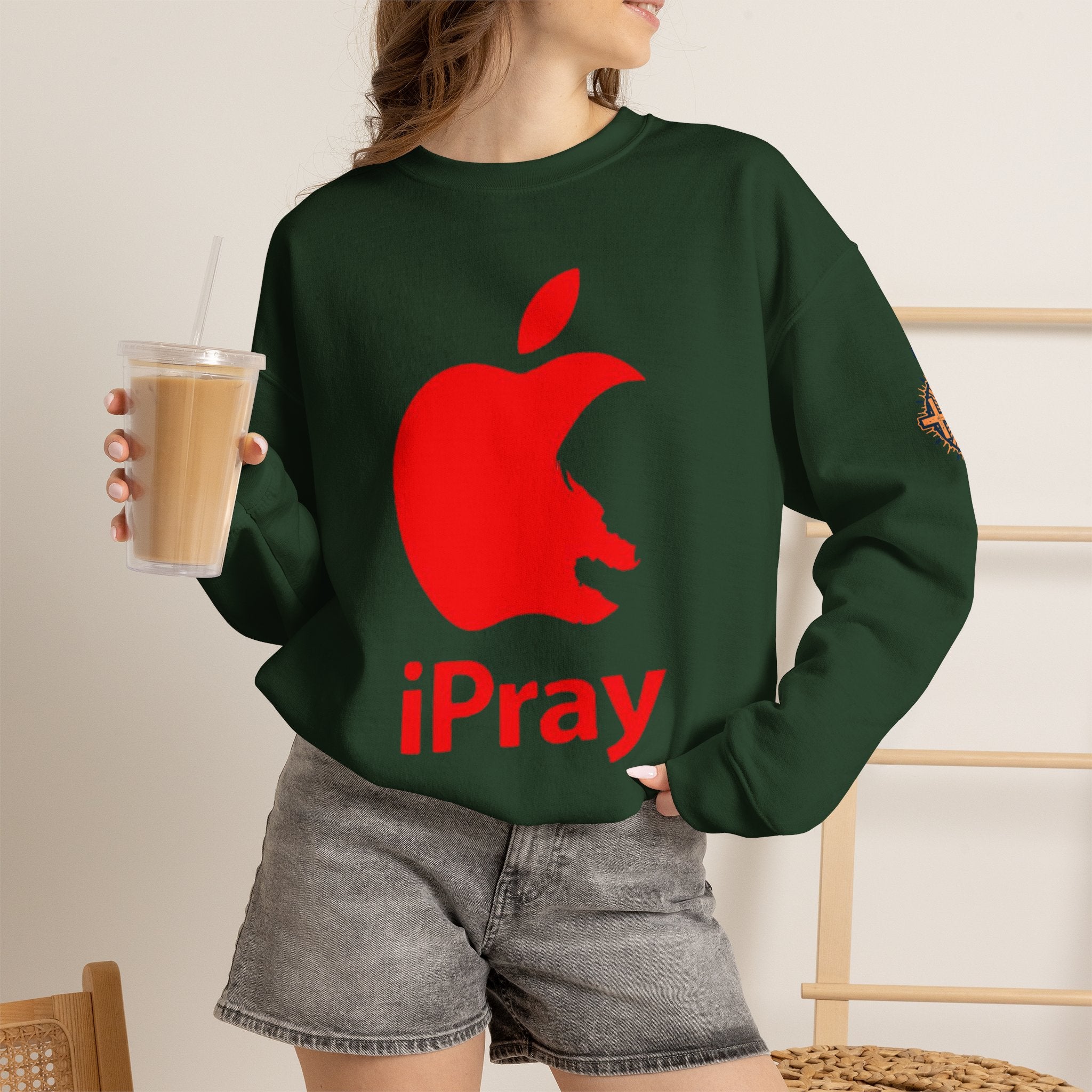 iPray Apple Logo Sweatshirt — Funny Christian Sweatshirt (Minimal Red Apple Graphic) Printify