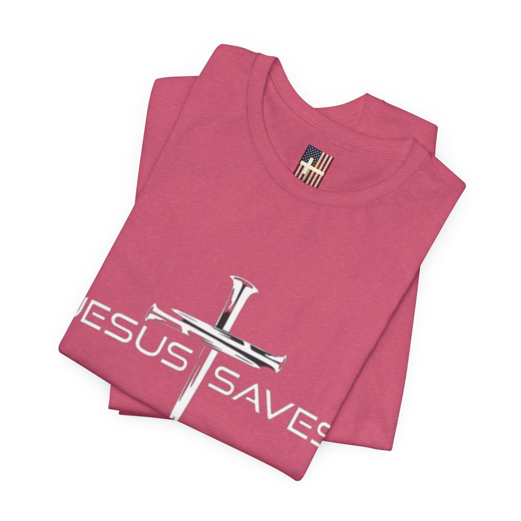 Jesus Saves T-shirt – 3 Nails Crucifix Cross Christian T-shirt for Redemption Faith & Bold Salvation Printify