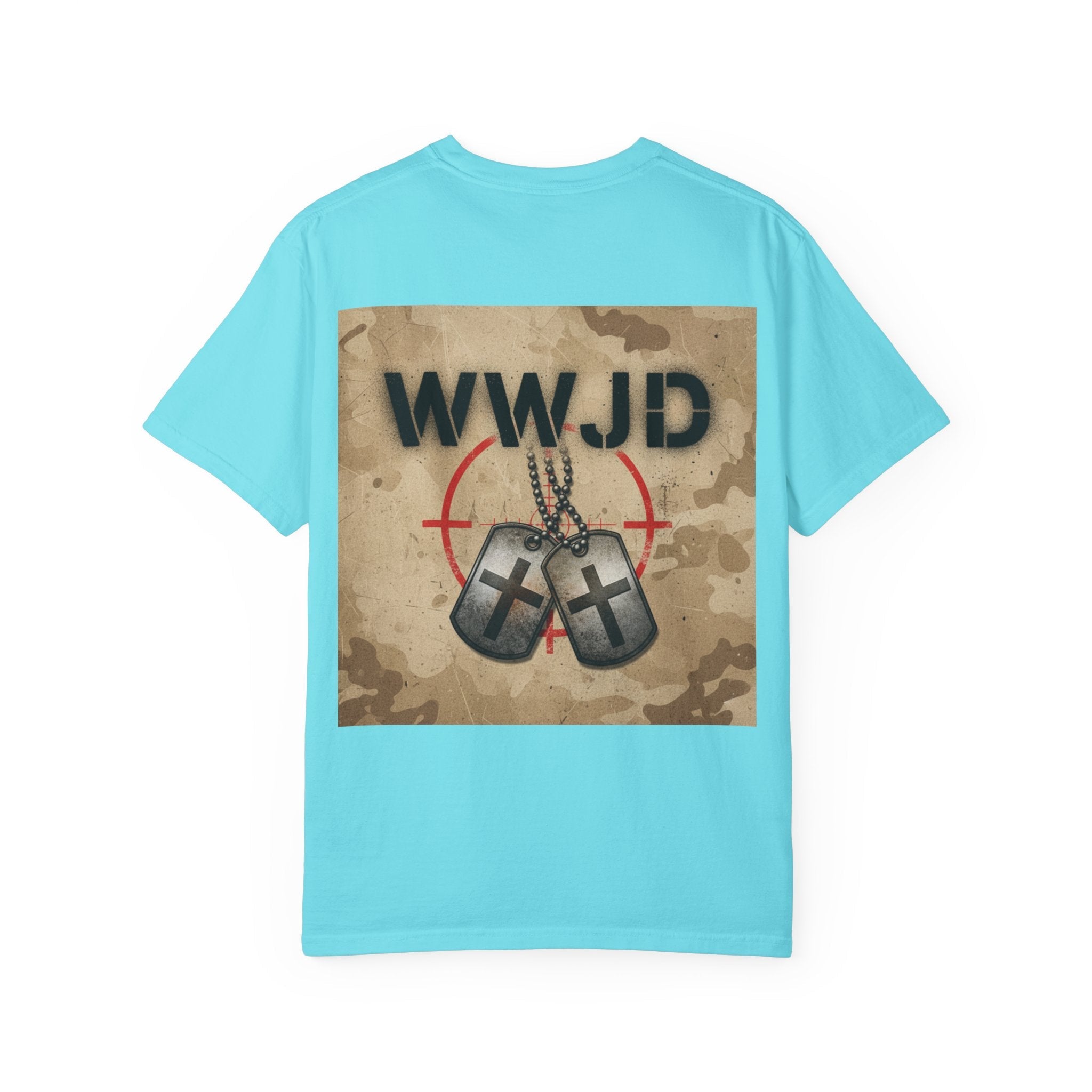 WWJD T-shirt – Military Dog Tags What Would Jesus Do Camo Christian T-shirt for Bold Faith & Streetwear Printify