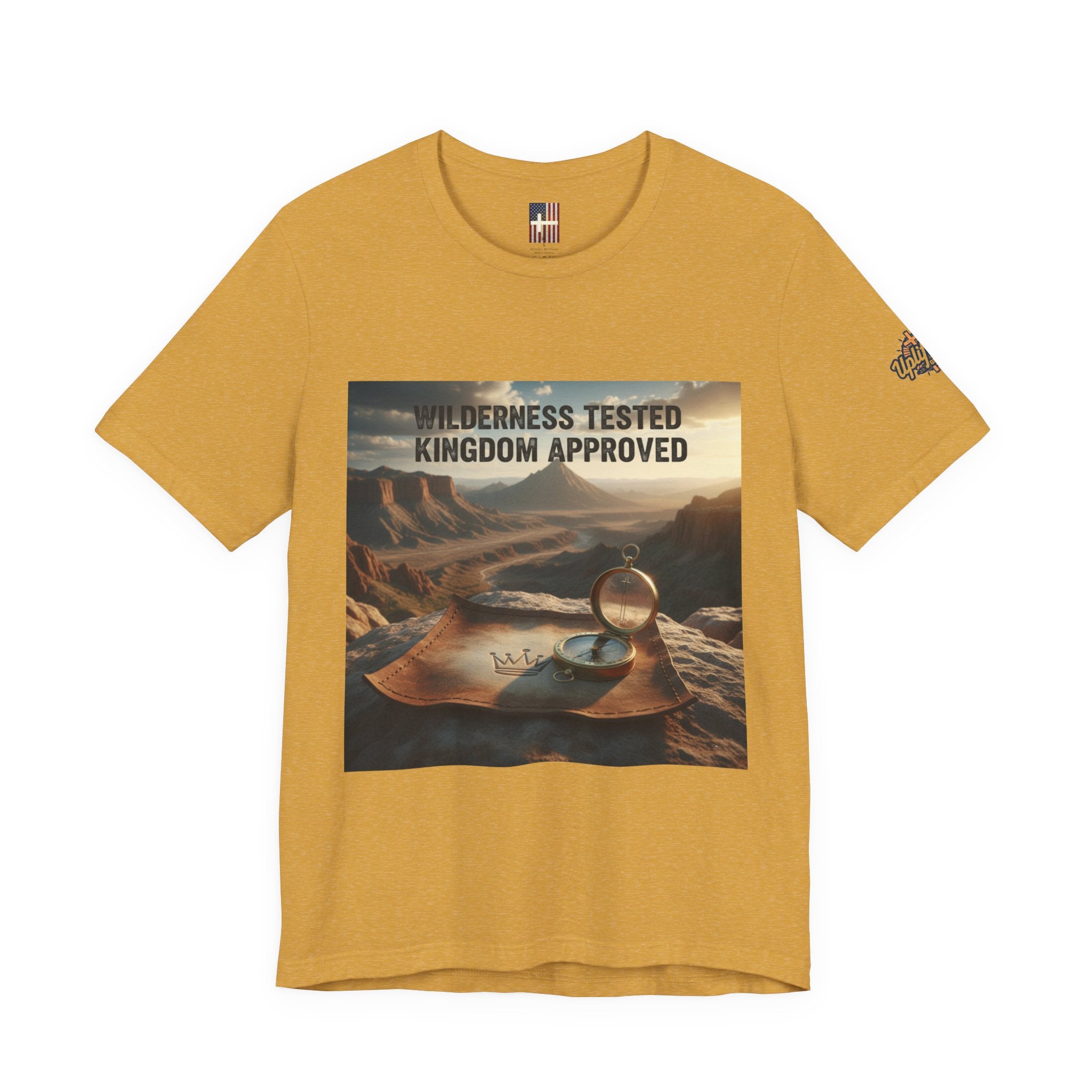 Wilderness Tested Kingdom Approved T-shirt – Mountain Desert Compass Crown Christian T-shirt for Biblical Adventure Faith Printify