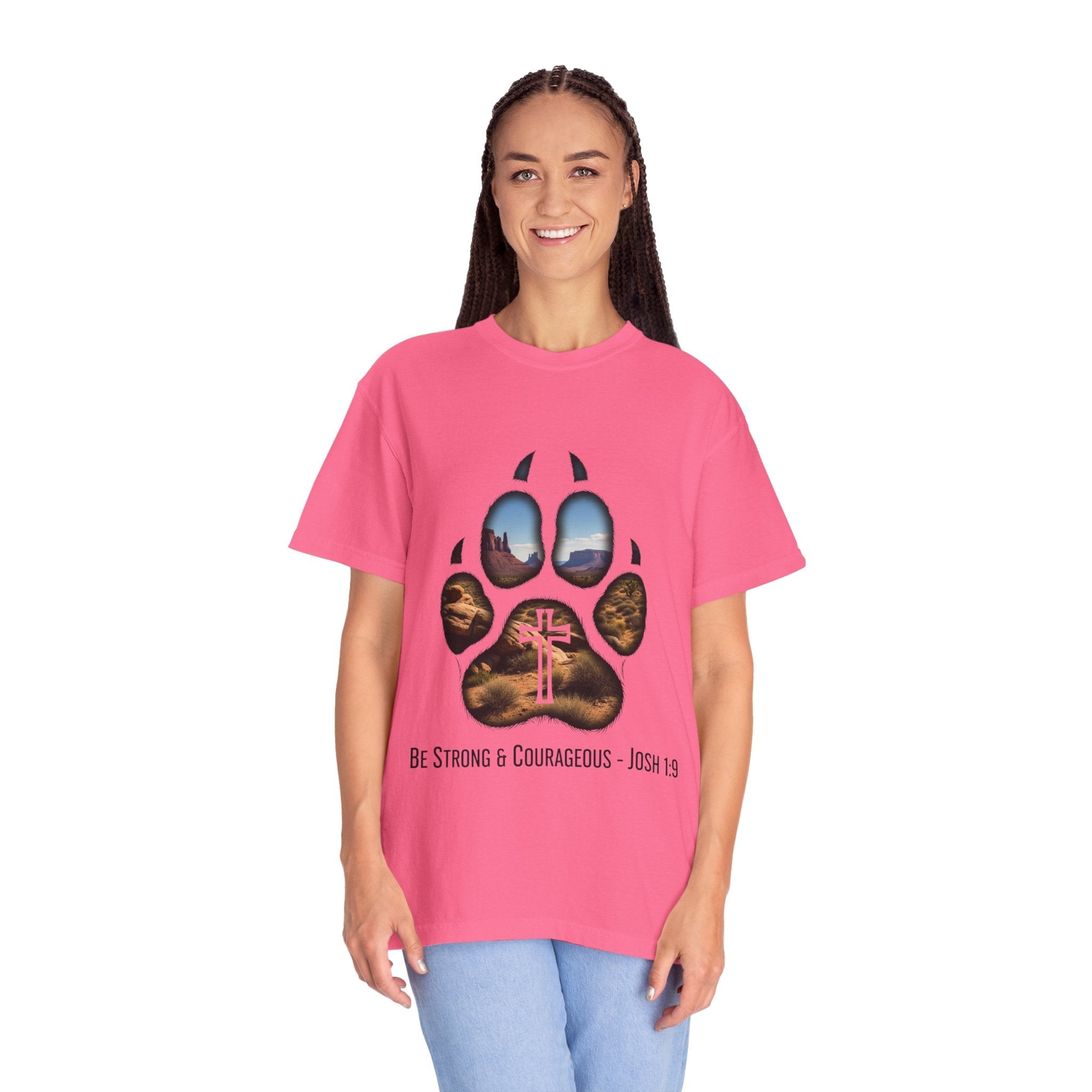 Strong and Courageous T-Shirt – Canine Pawprint Desert Joshua 1:9 Christian Tee Printify