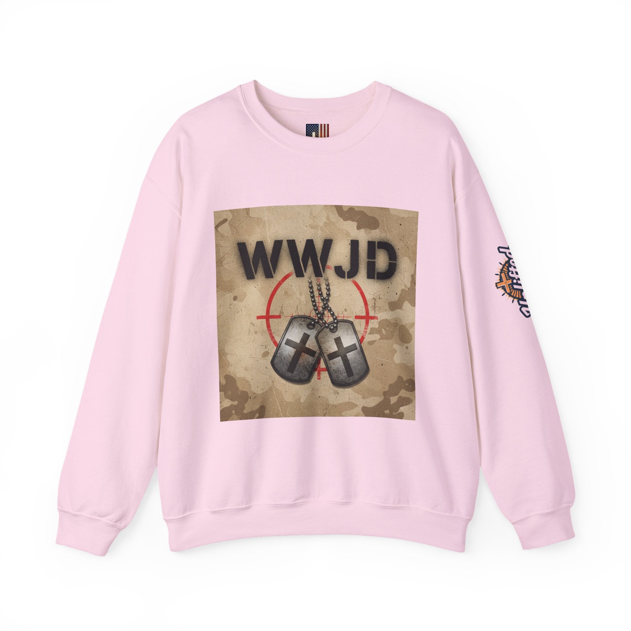 WWJD Sweatshirt – Military Dog Tags What Would Jesus Do Camo Christian Sweatshirt for Bold Faith & Streetwear Printify