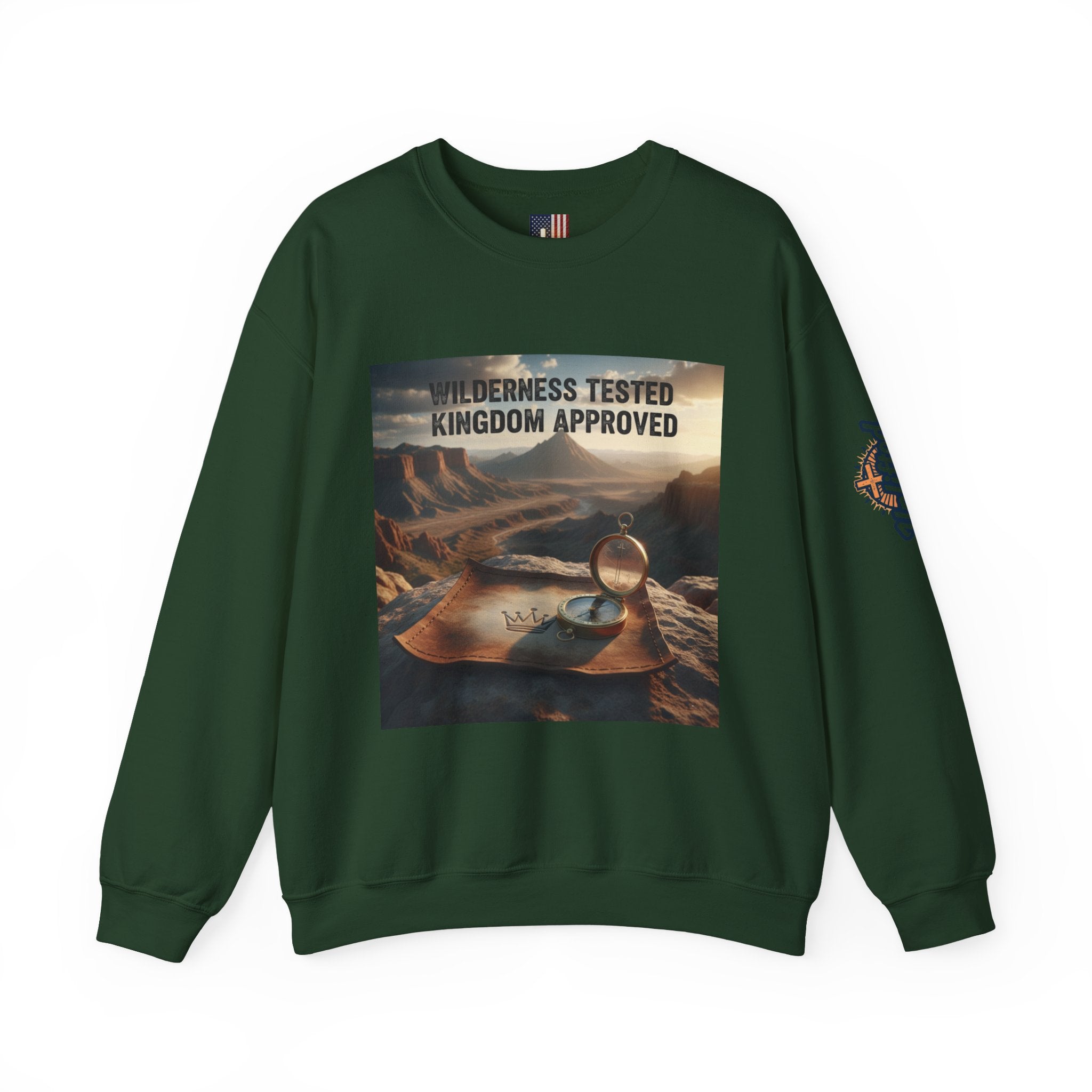 Wilderness Tested Kingdom Approved Sweatshirt – Mountain Desert Compass Crown Christian Sweatshirt for Biblical Adventure Faith Printify