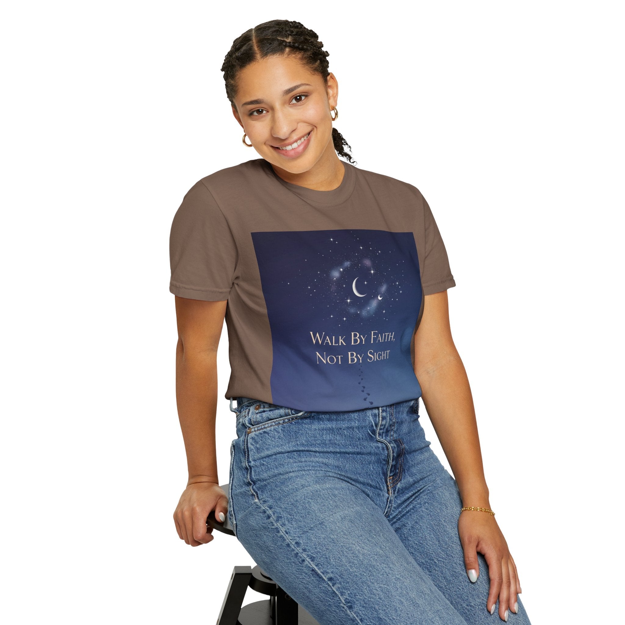 Walk by Faith, Not by Sight T-Shirt – Footprints in the Sand Christian Moonlit Tee Printify