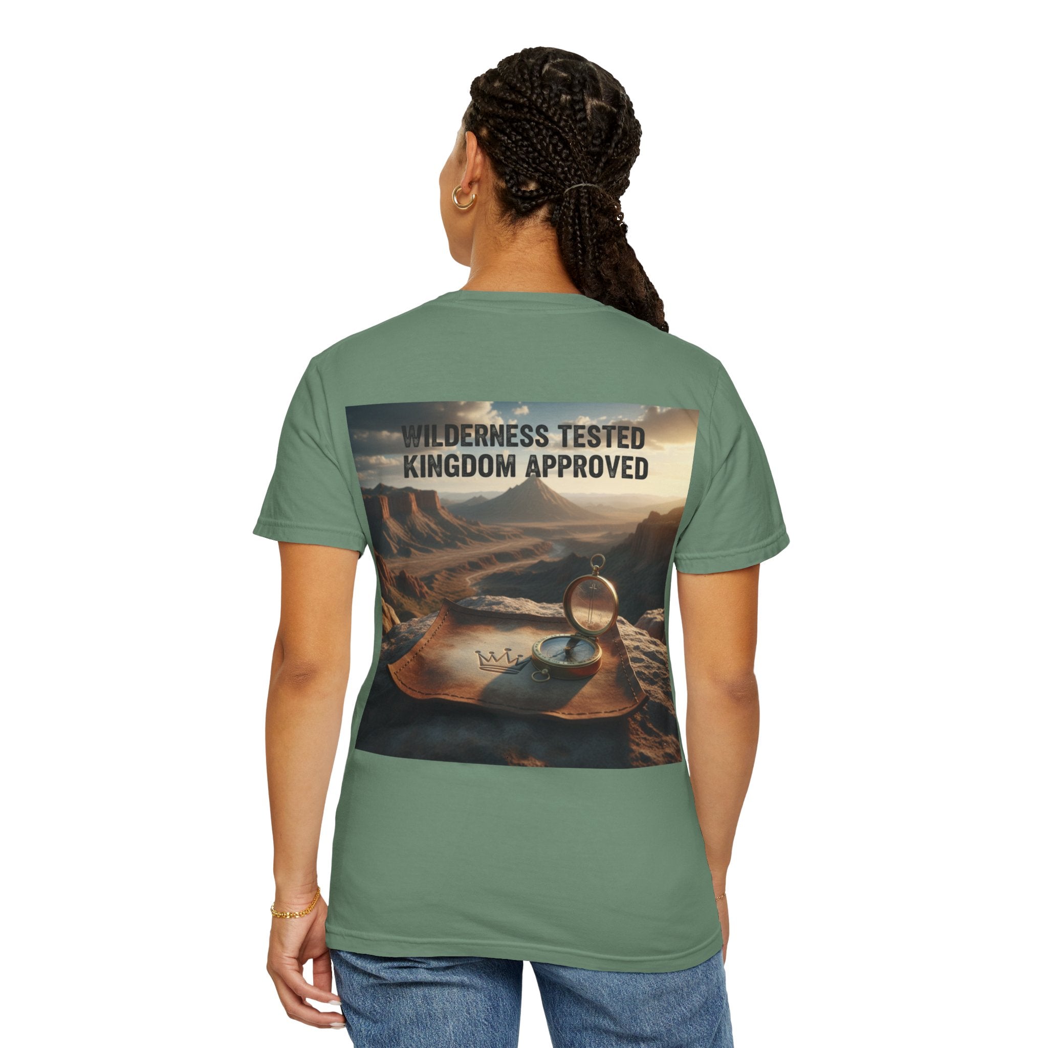 Wilderness Tested Kingdom Approved T-shirt – Mountain Desert Compass Crown Christian T-shirt for Biblical Adventure Faith Printify