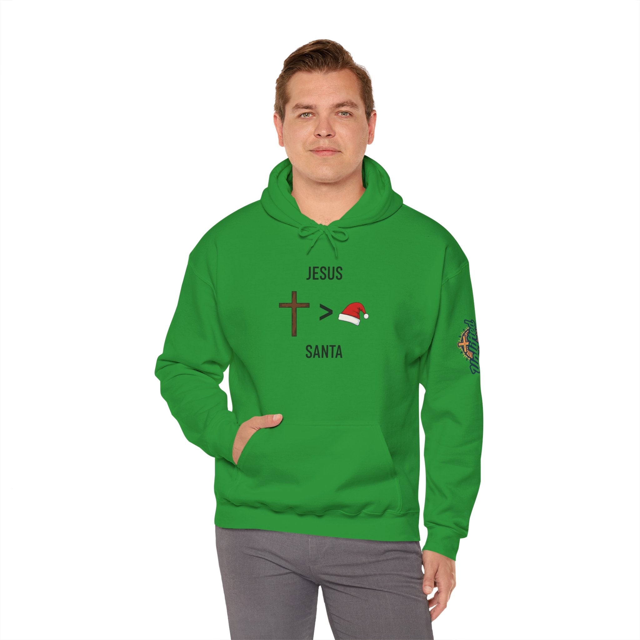 🎄 Jesus > Santa – Minimalist Christian Christmas Hoodie | Bold Faith Over Holiday Tee | Cross vs Santa Hat Design | Uplifted Gear Printify