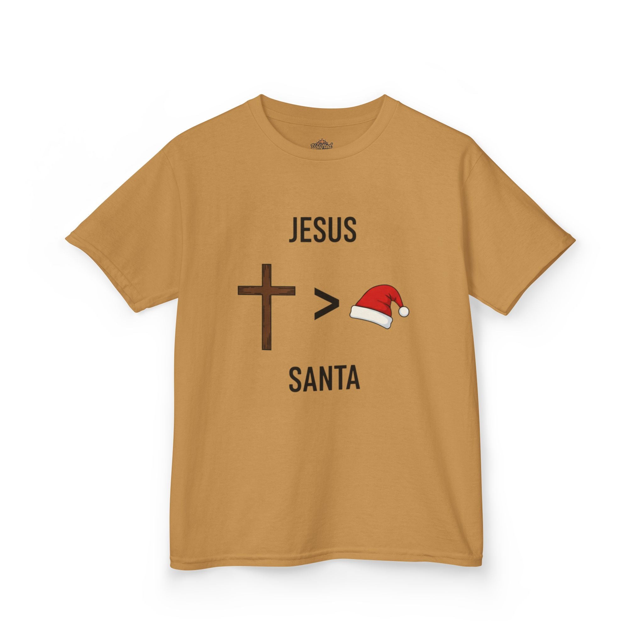 🎄 Jesus > Santa – Minimalist Christian Christmas Kids T-Shirt | Bold Faith Over Holiday Tee | Cross vs Santa Hat Design | Uplifted Gear Printify