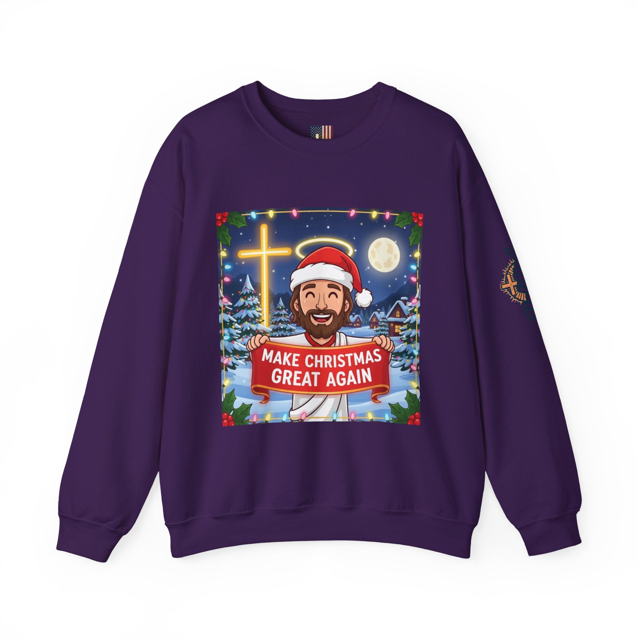 🎄 Make Christmas Great Again – Funny Christian Sweatshirt | Jesus Holding Banner | Faith-Based Holiday Parody Tee | Uplifted Gear Printify