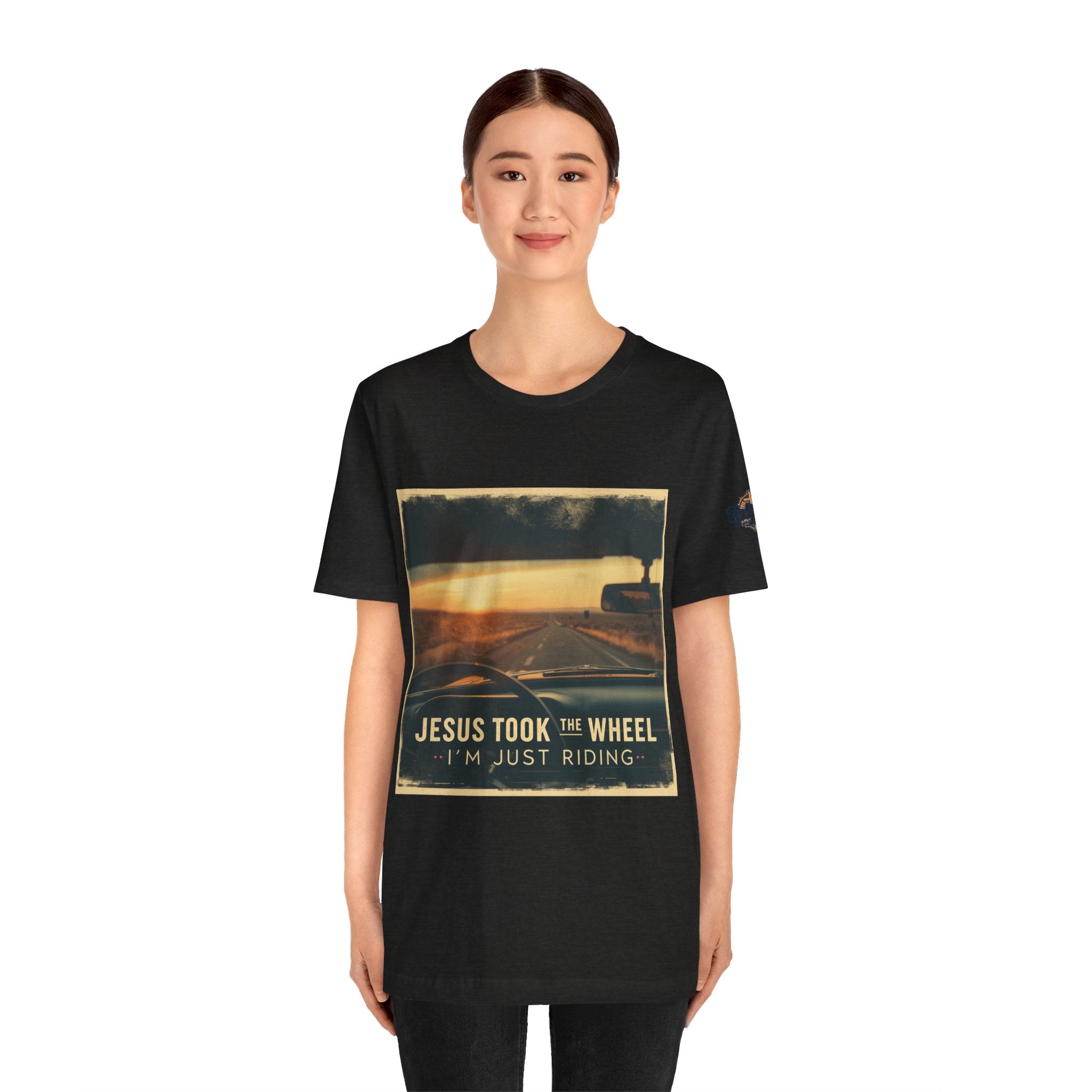 Jesus Took the Wheel I'm Just Riding T-shirt – Funny Christian Convertible Car T-shirt for Surrendered Faith & Humor Printify